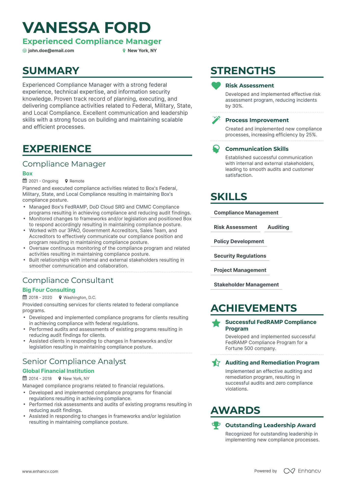 Simple Compliance Manager Resume Template