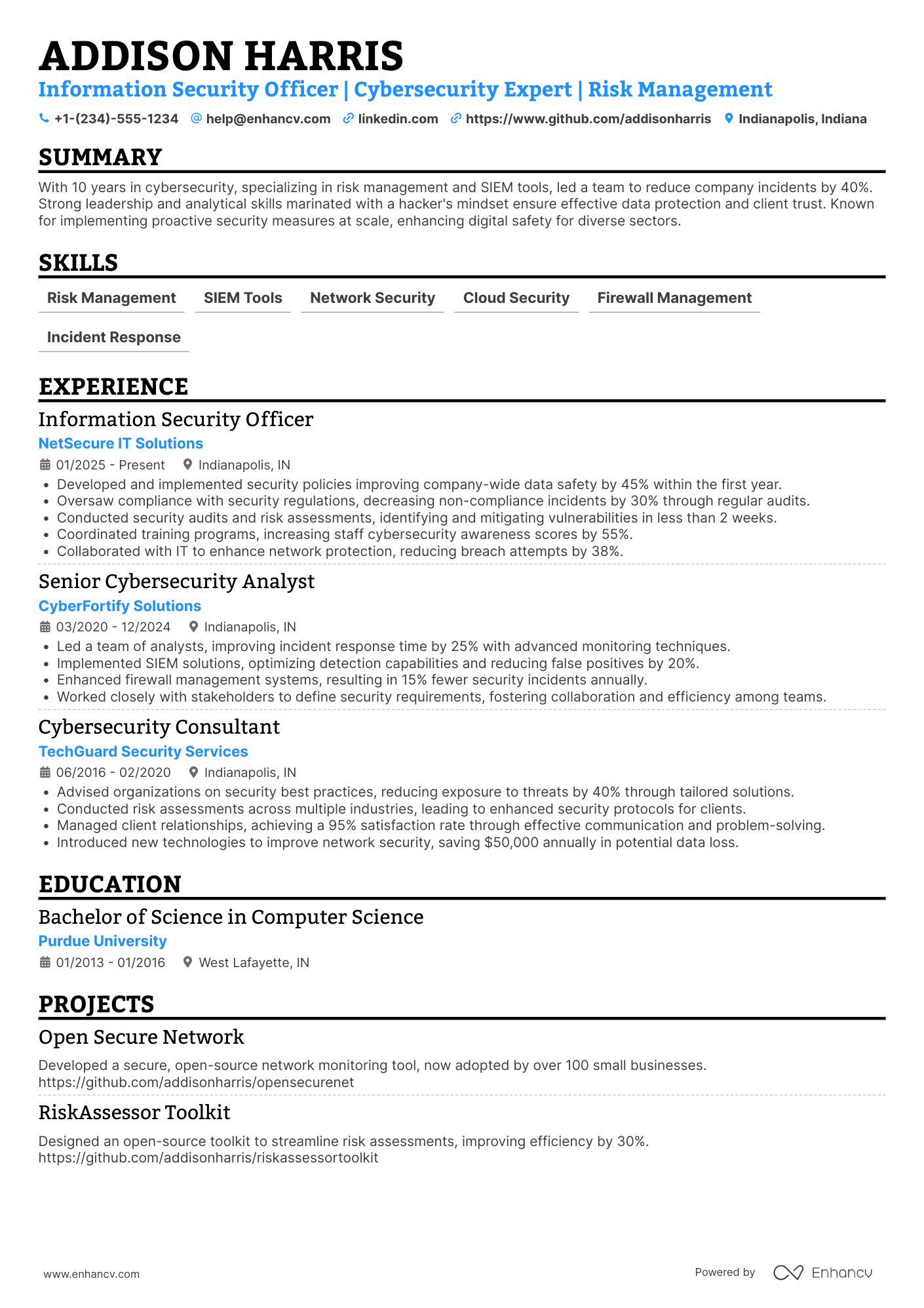 A resume example of a Information Security Officer