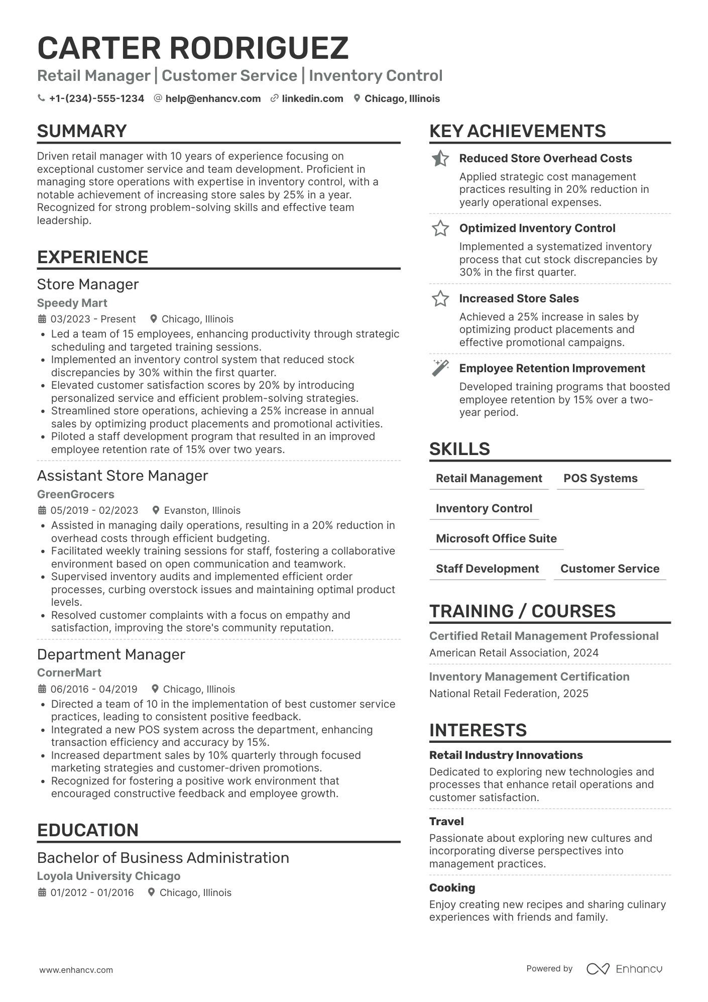A resume example of a Convenience Store Manager
