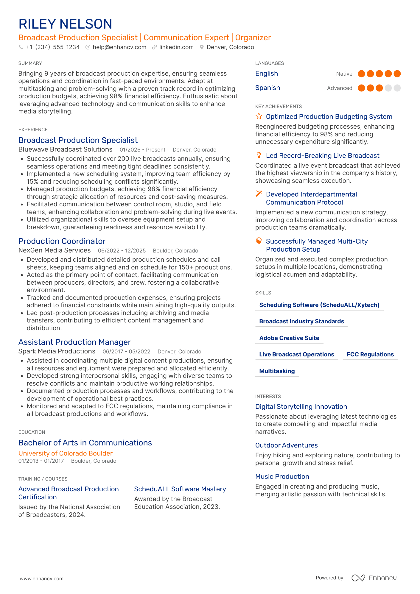 A resume example of a Broadcast Production Coordinator