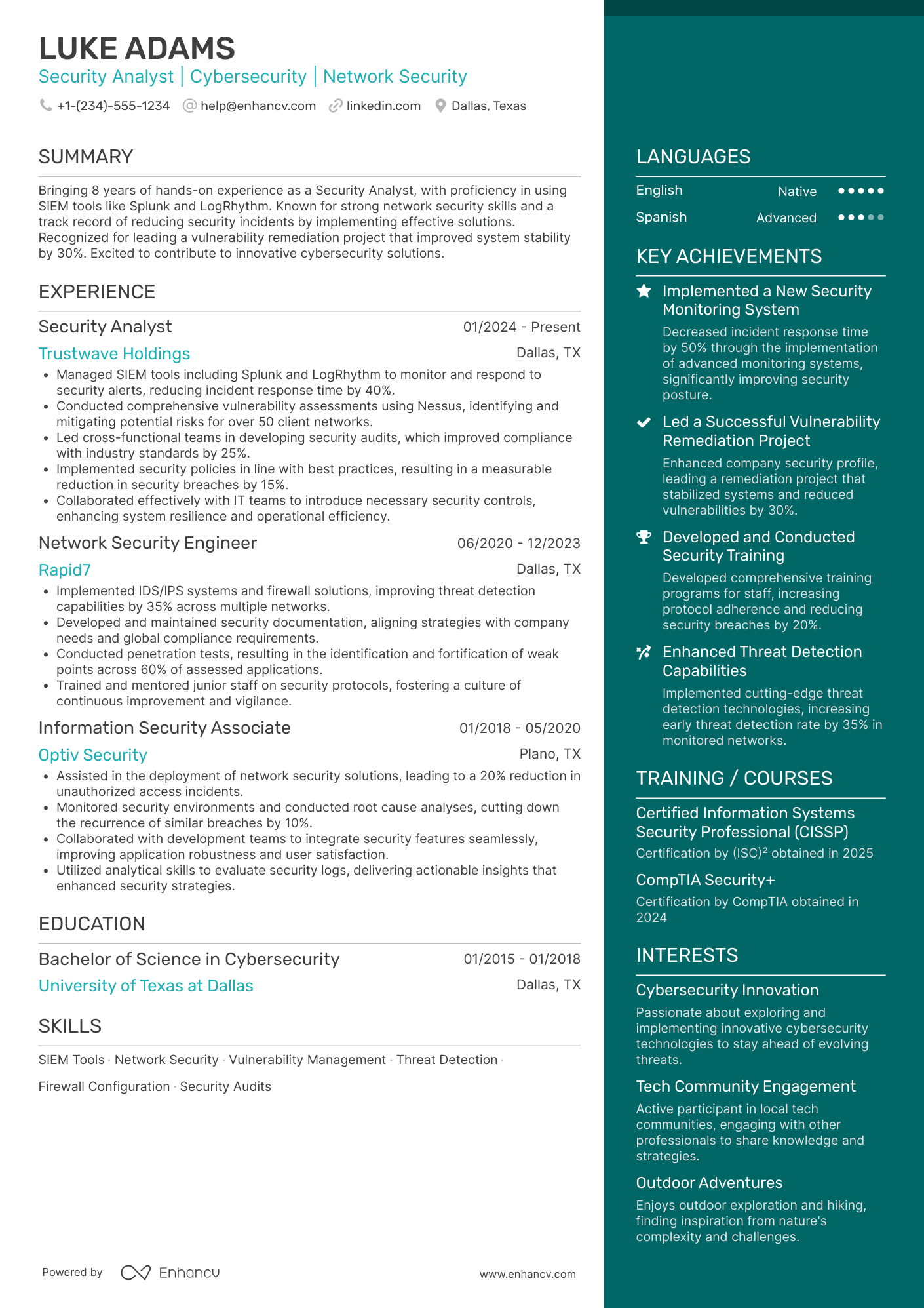 A resume example of a Security Analyst