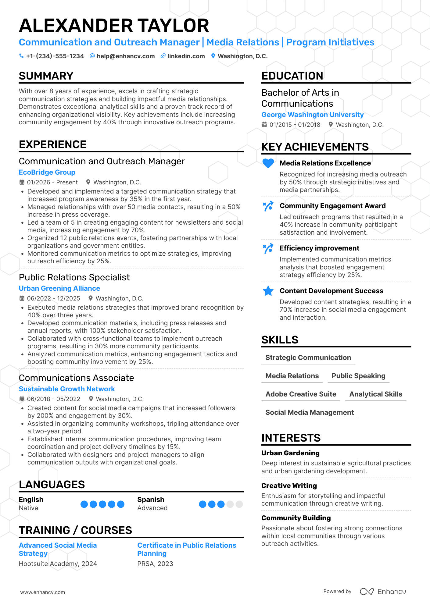A resume example of a Communication and Outreach Manager