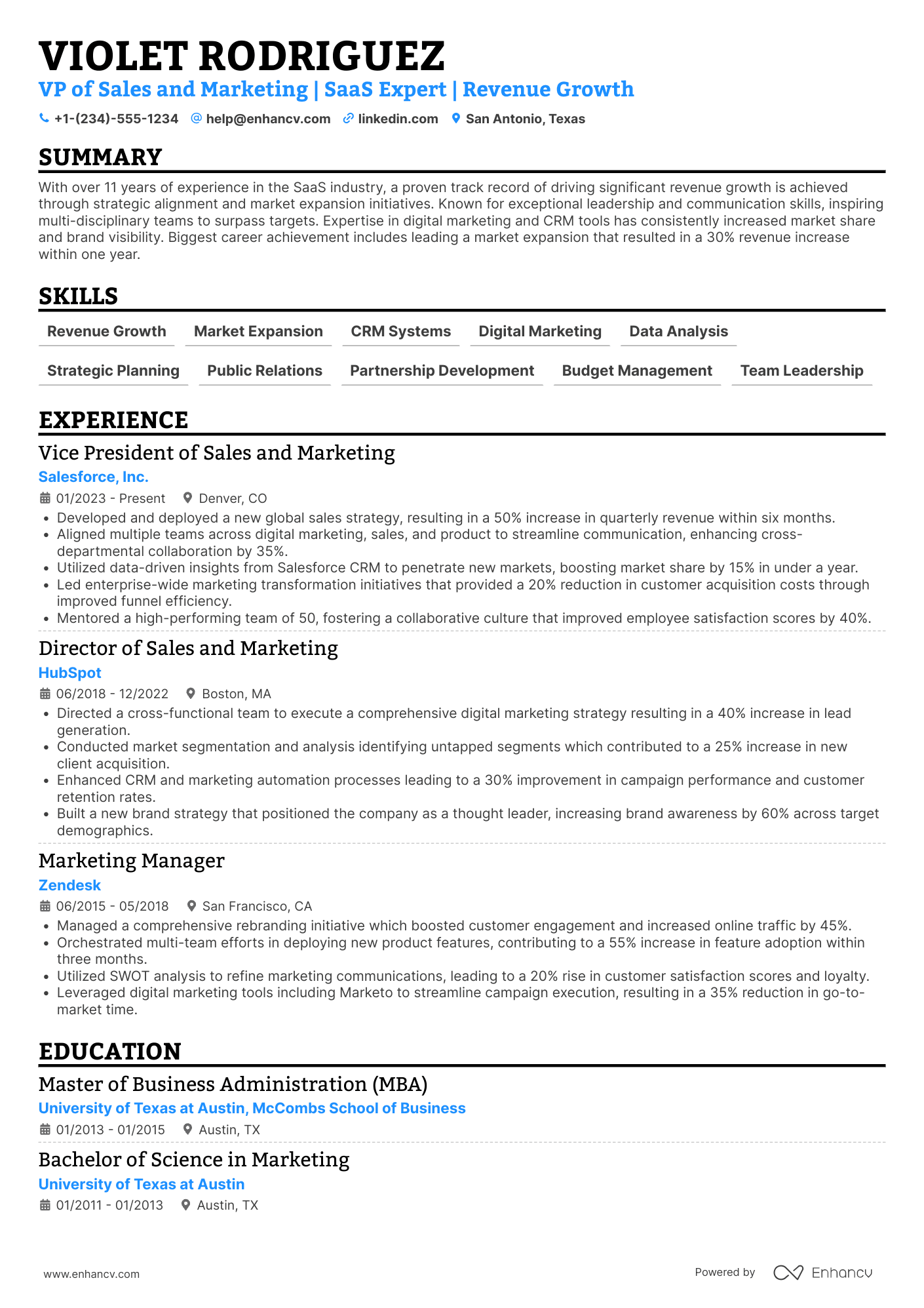 A resume example of a VP of Sales and Marketing