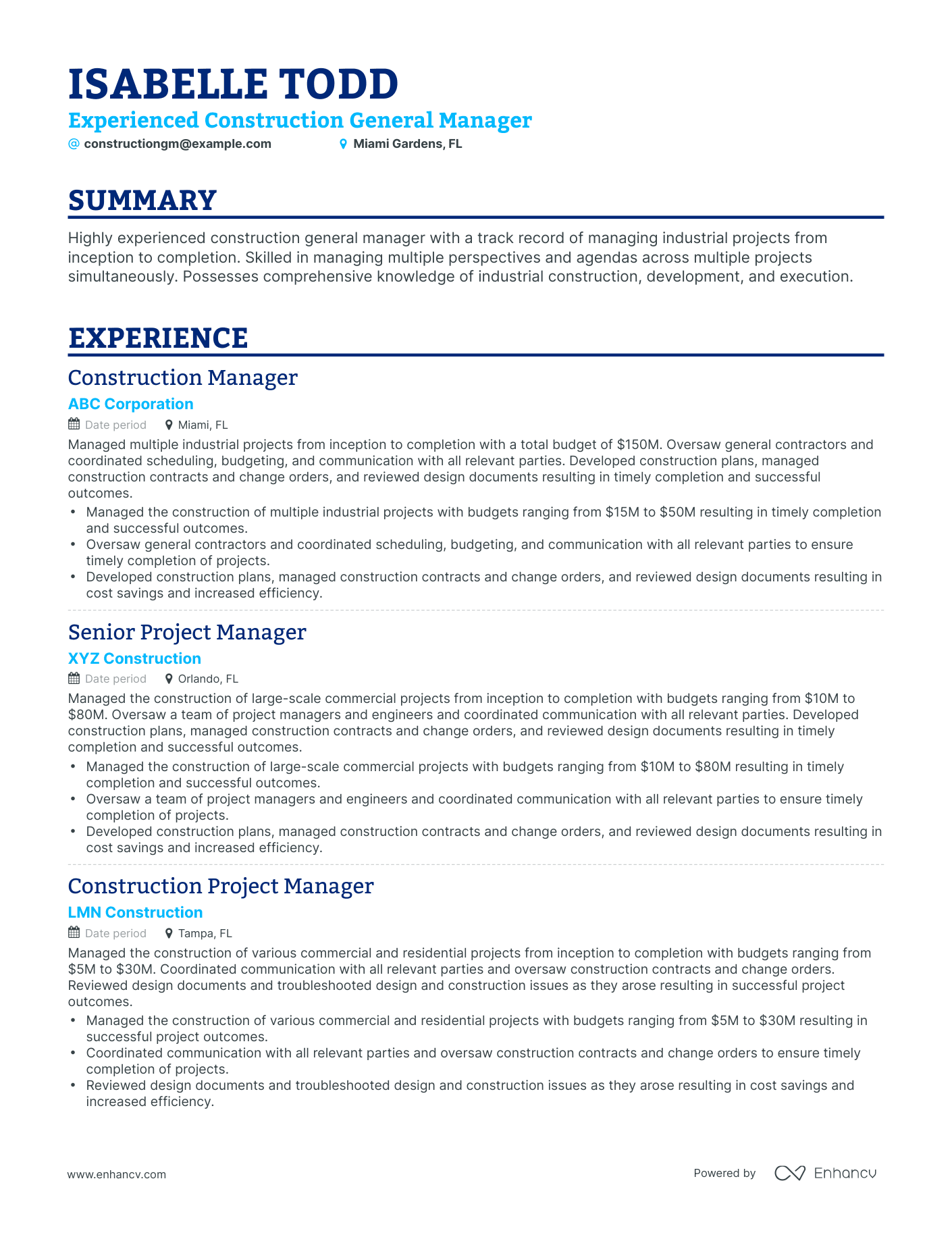 Classic Construction General Manager Resume Template