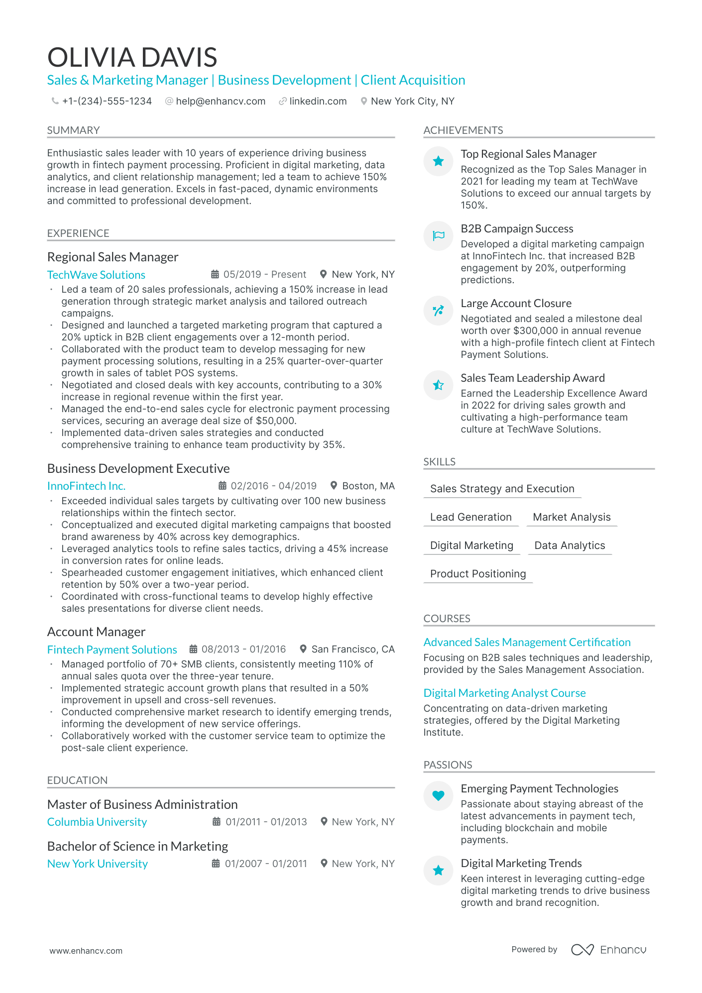 sample resume for sales and marketing manager