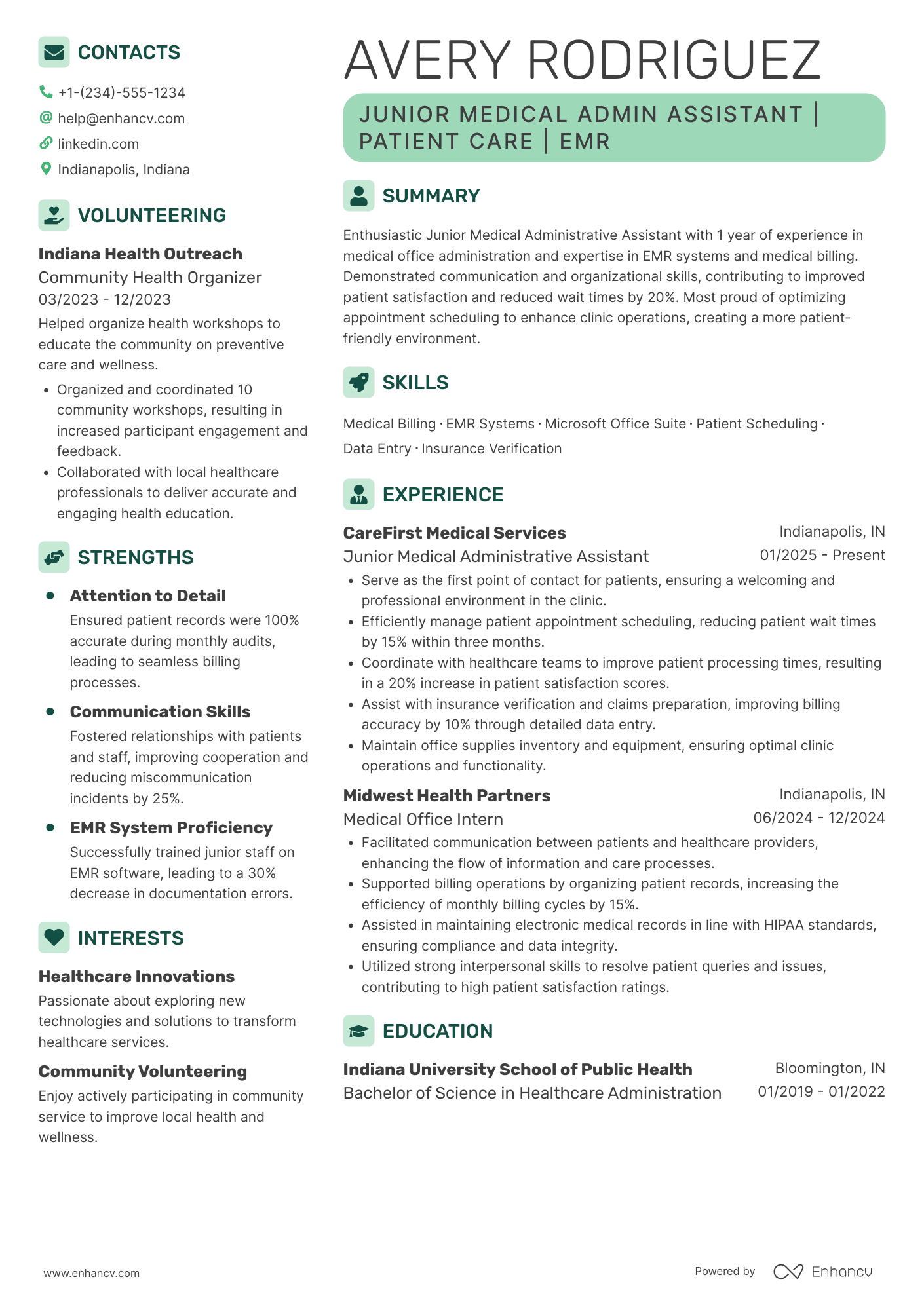 A resume example of a Junior Medical Administrative Assistant