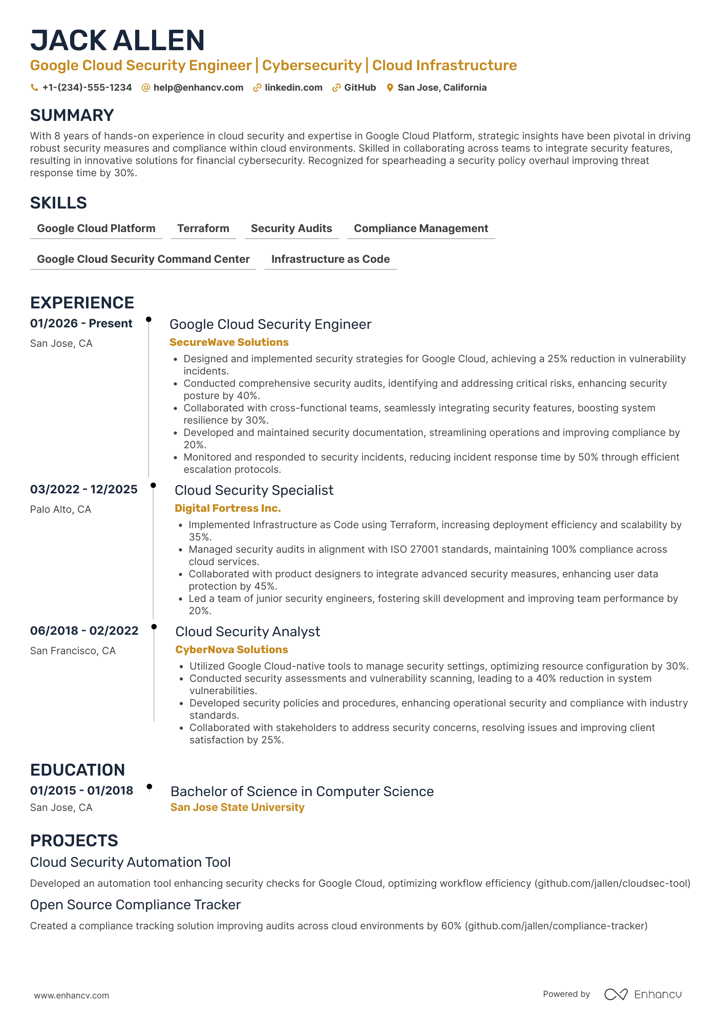 A resume example of a Google Cloud Security Engineer