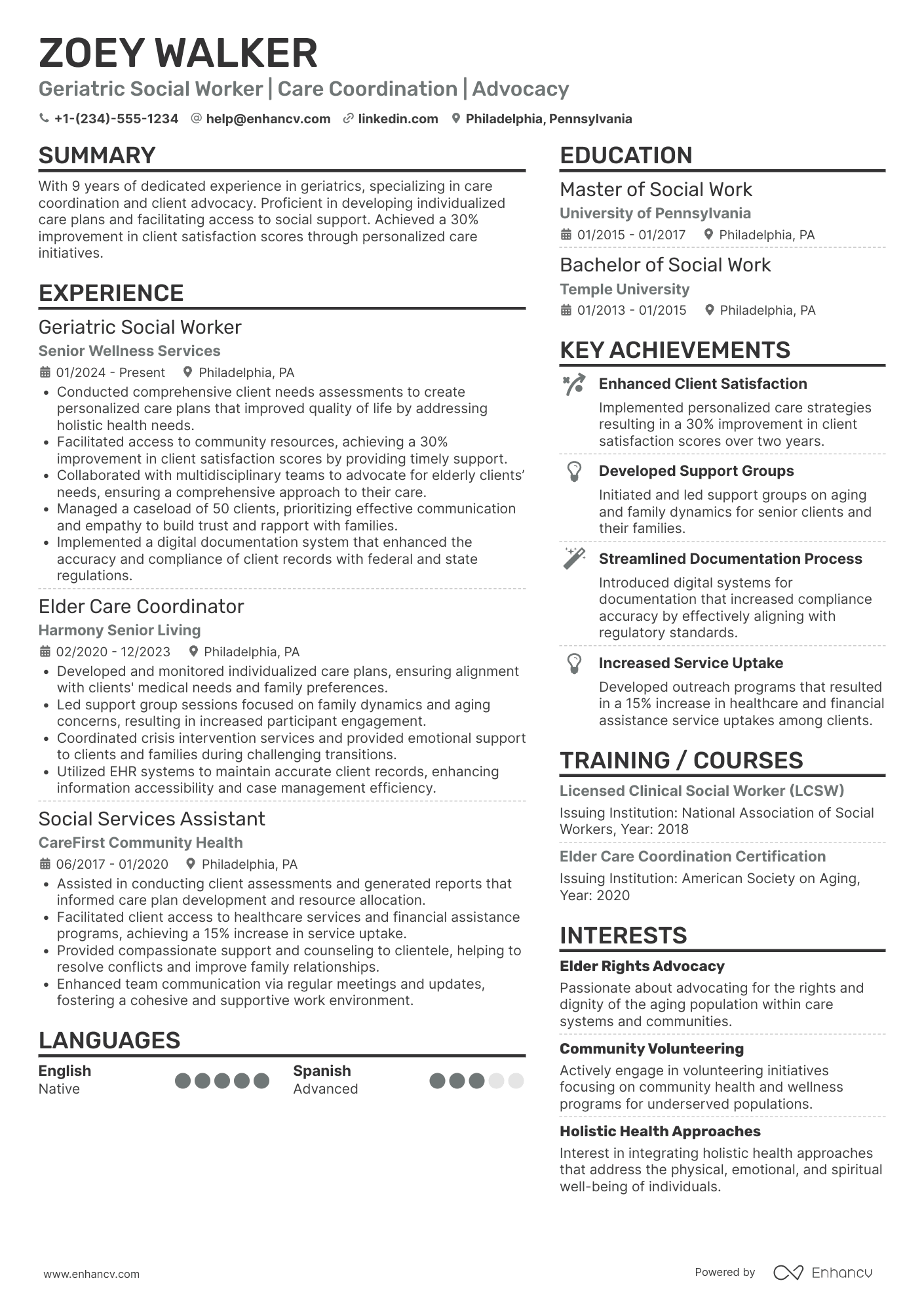 A resume example of a Geriatric Social Worker