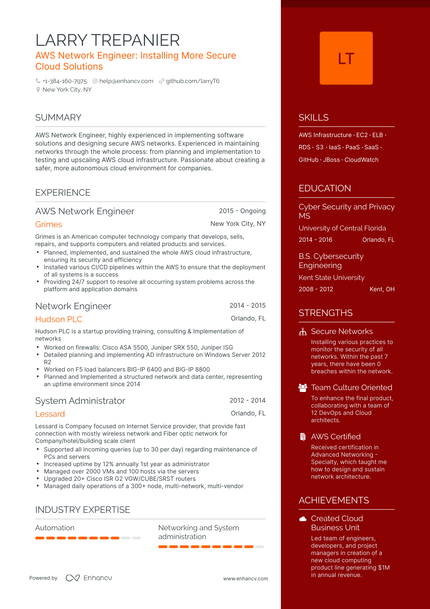 One Page AWS Network Engineer Resume Template