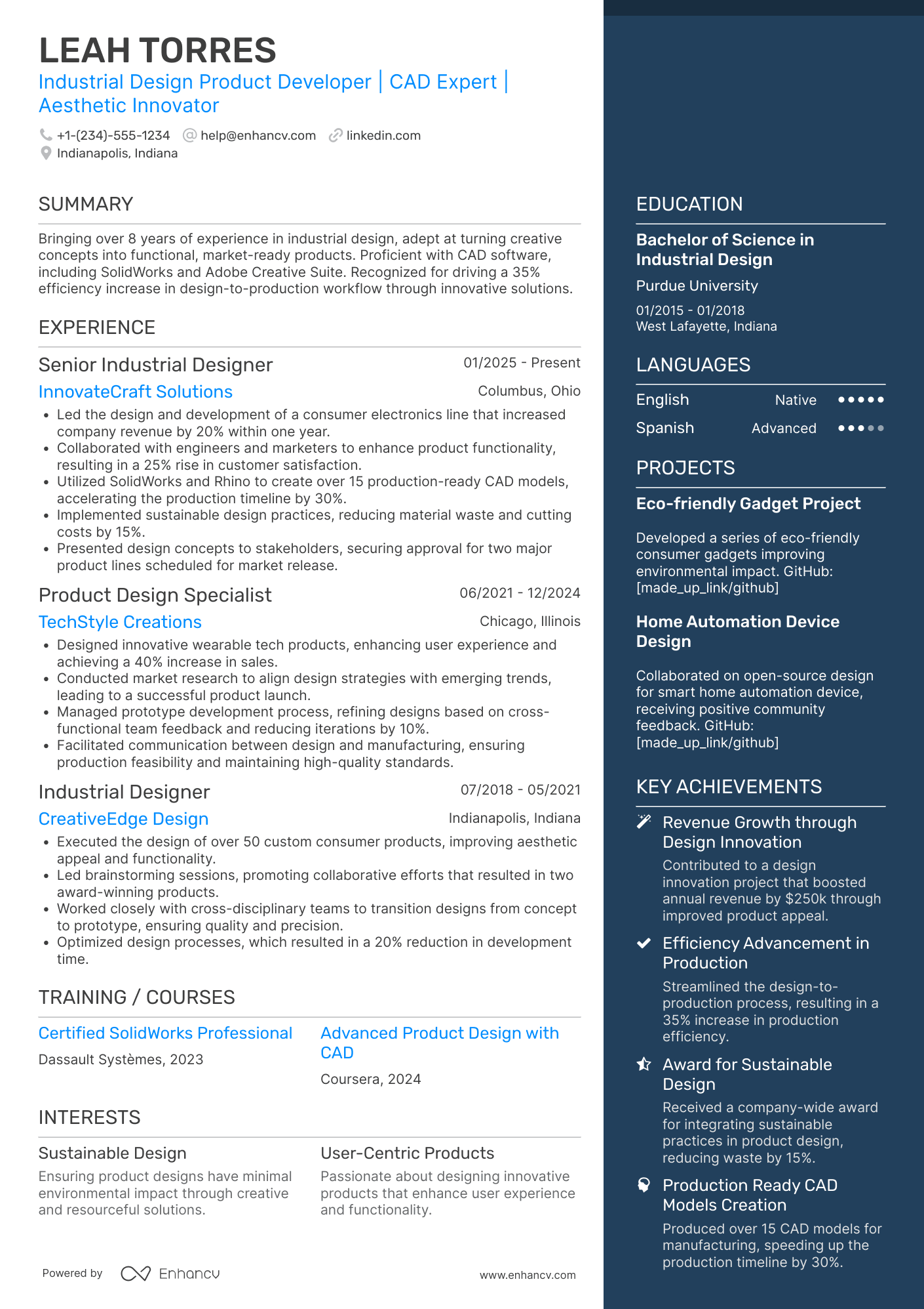 A resume example of a Industrial Design Product Developer