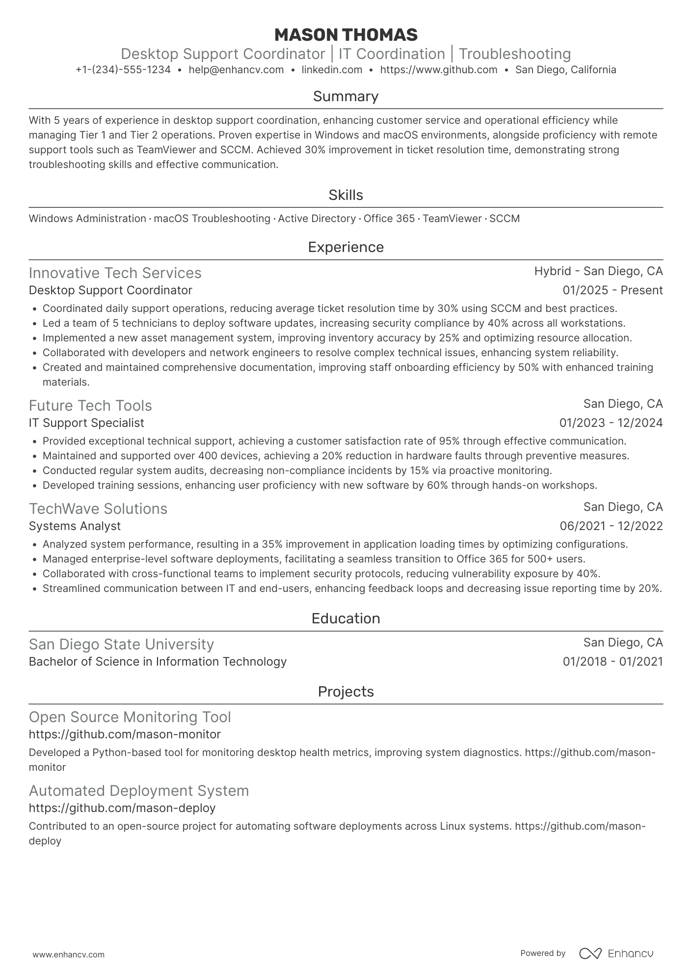 A resume example of a Desktop Support Coordinator