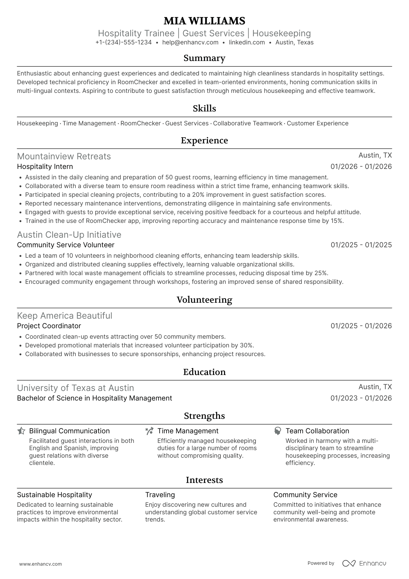 A resume example of a Trainee Housekeeper