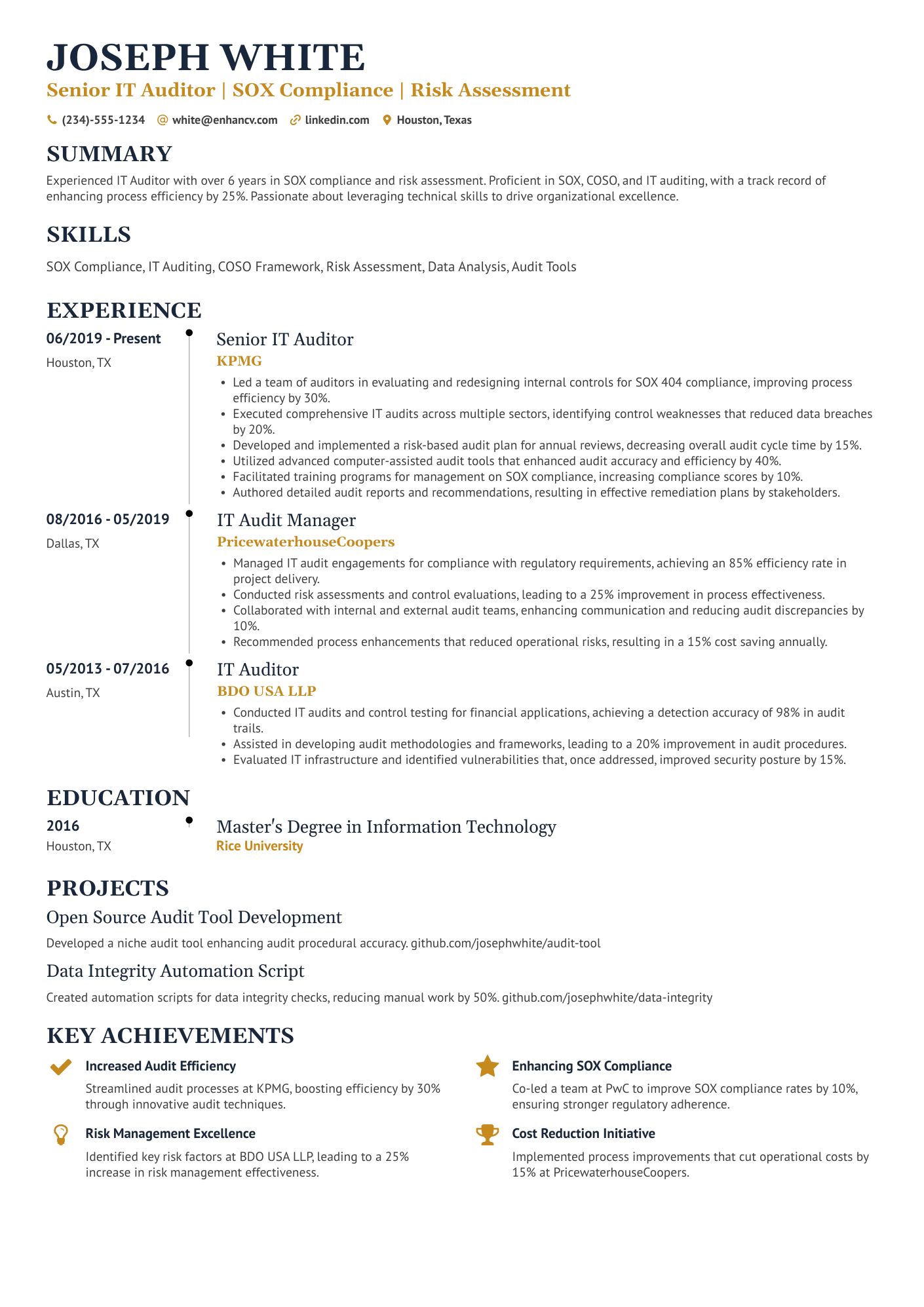 A resume example of a IT Auditor
