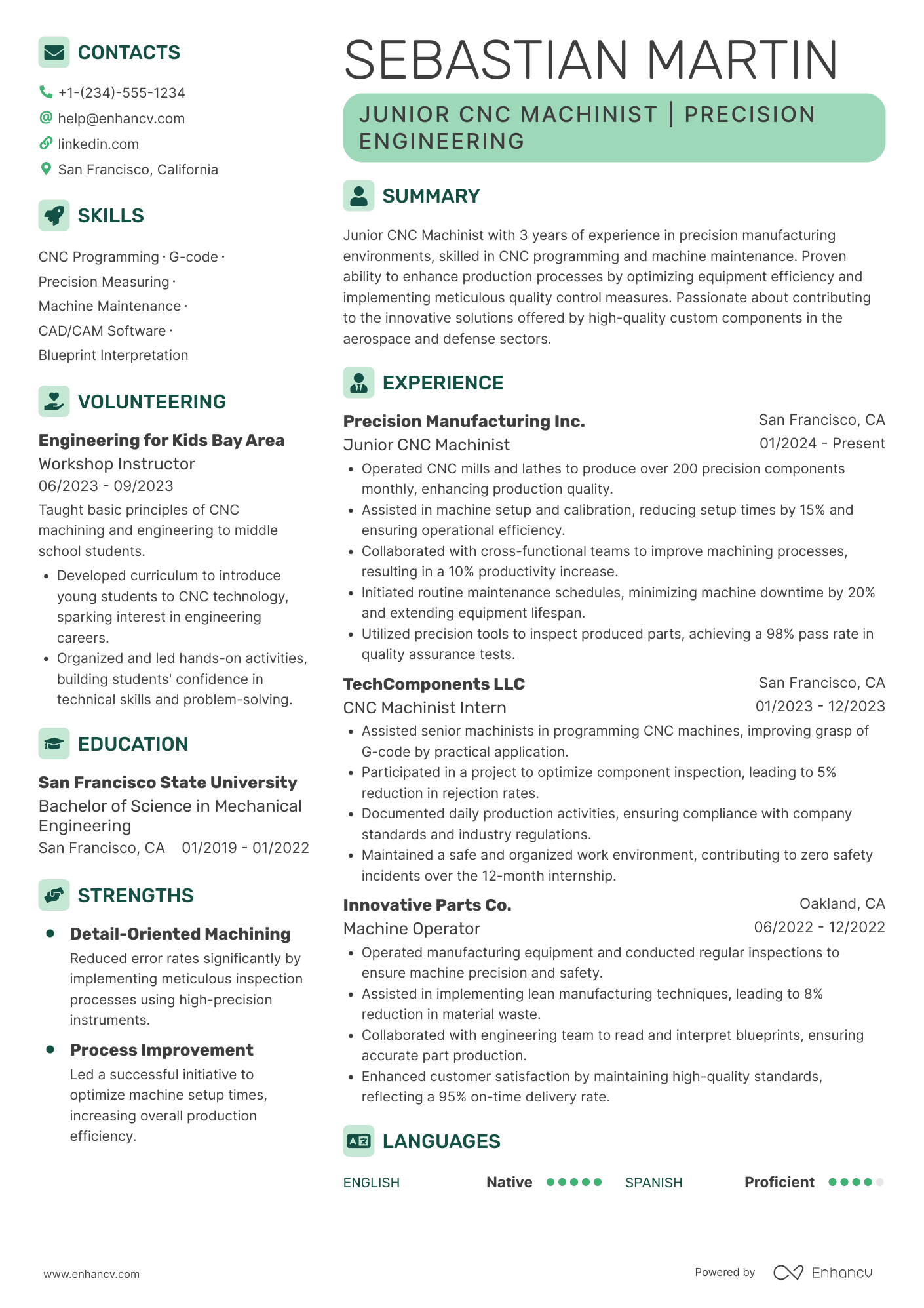 A resume example of a Junior CNC Machinist
