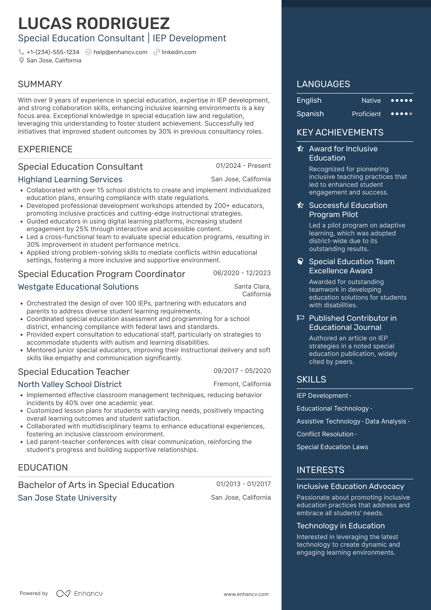 A resume example of a Special Education Teacher Consultant