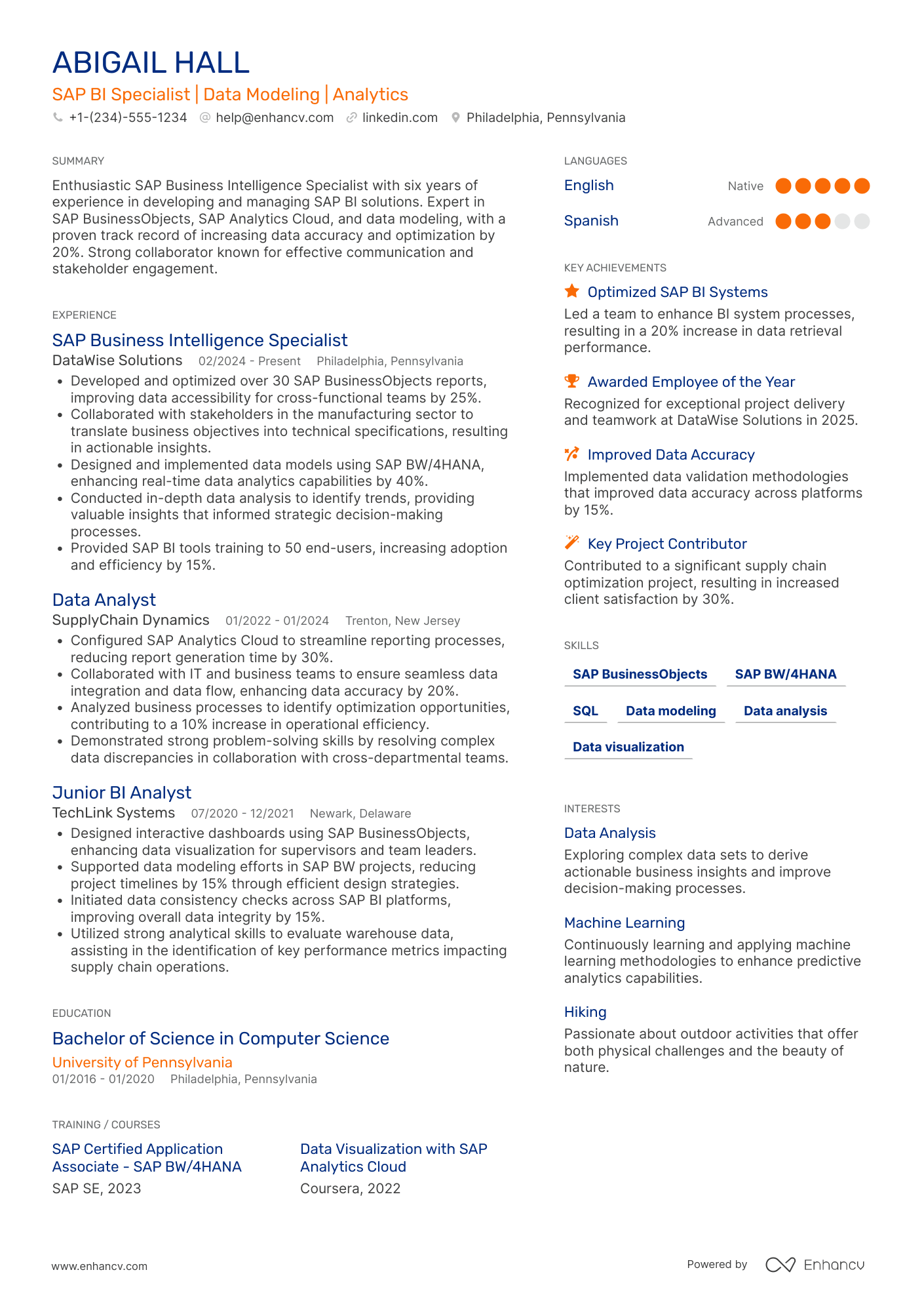 A resume example of a SAP Business Intelligence Specialist