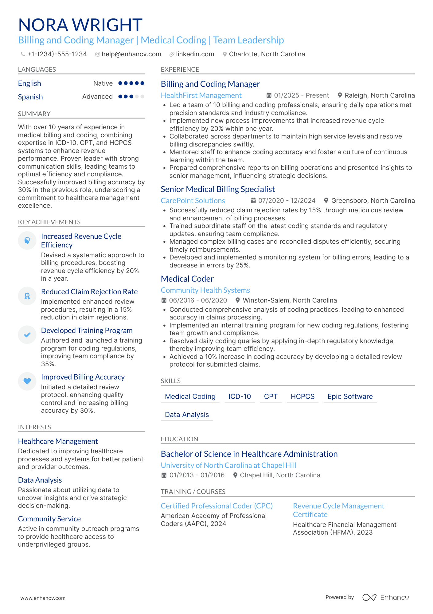 A resume example of a Billing and Coding Manager