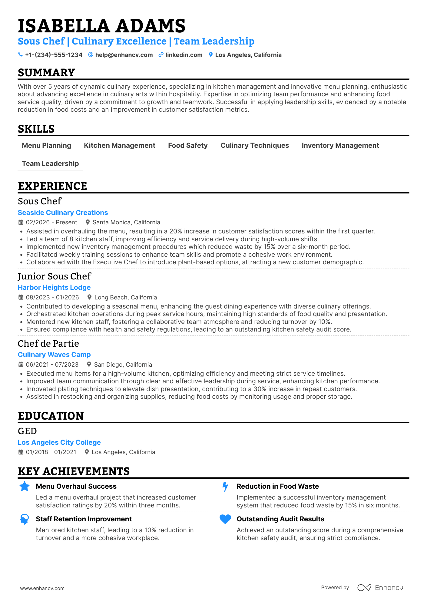 A resume example of a Cruise Ship Sous Chef