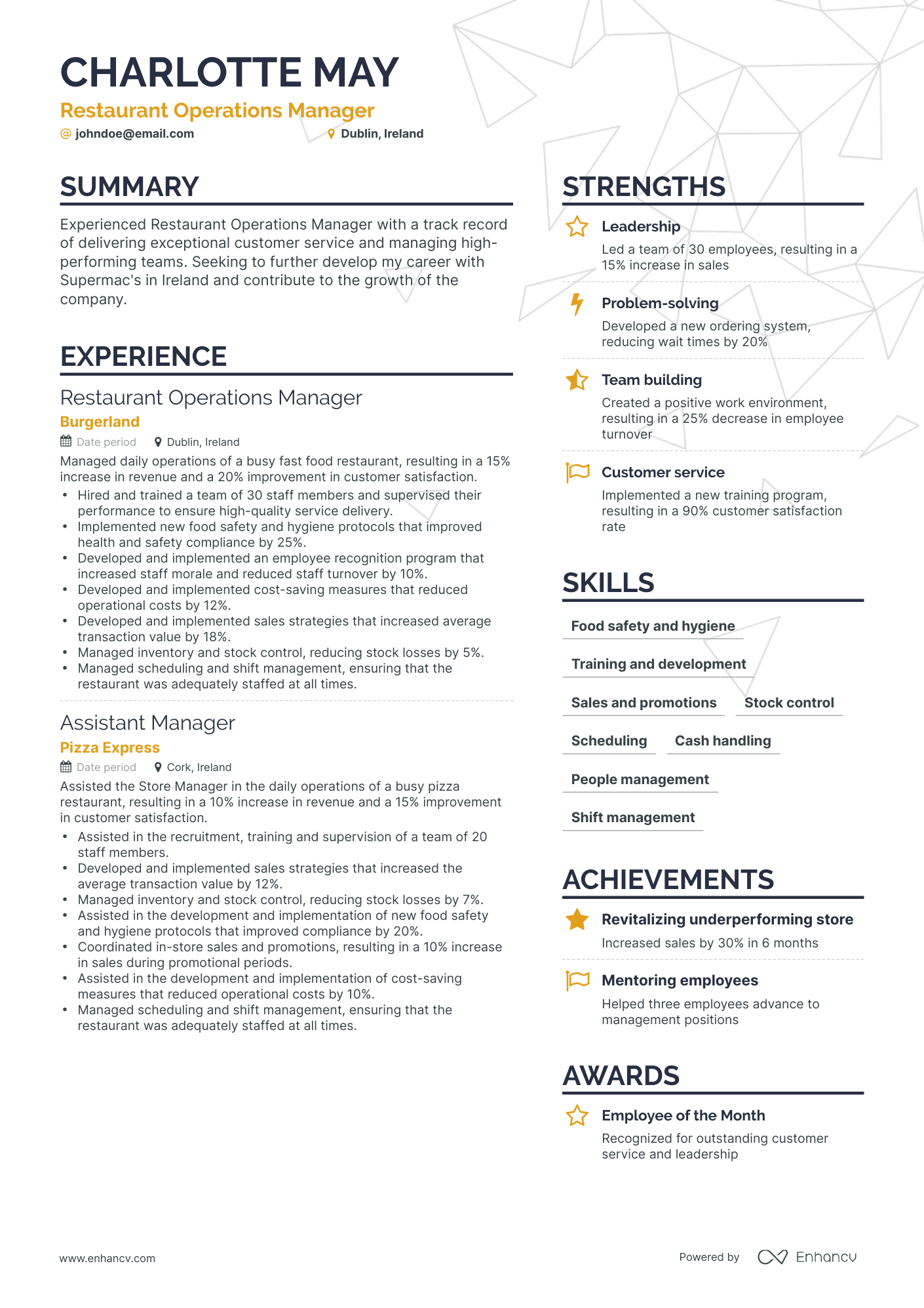 Simple Restaurant Operations Manager Resume Template