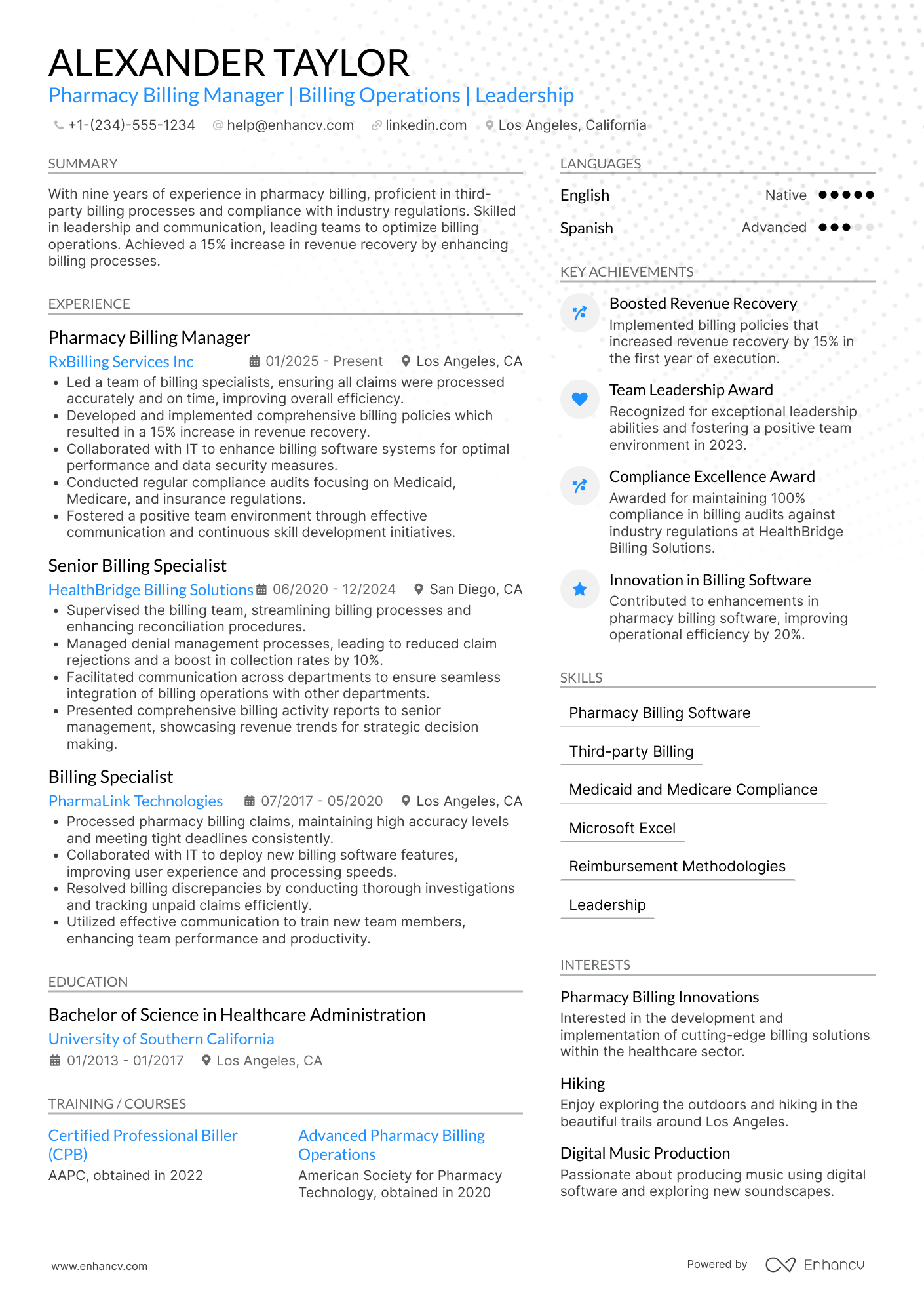 A resume example of a Pharmacy Billing Manager