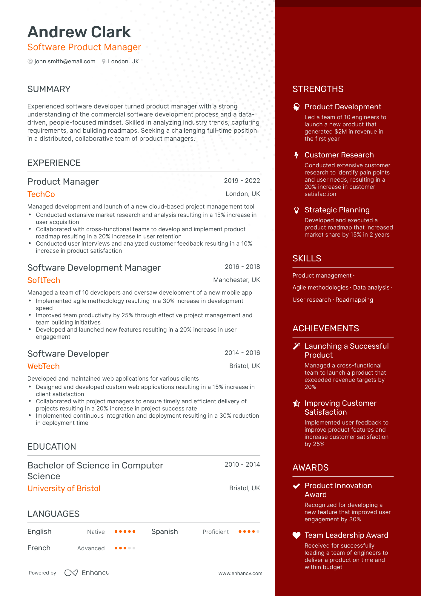 One Page Software Product Manager Resume Template