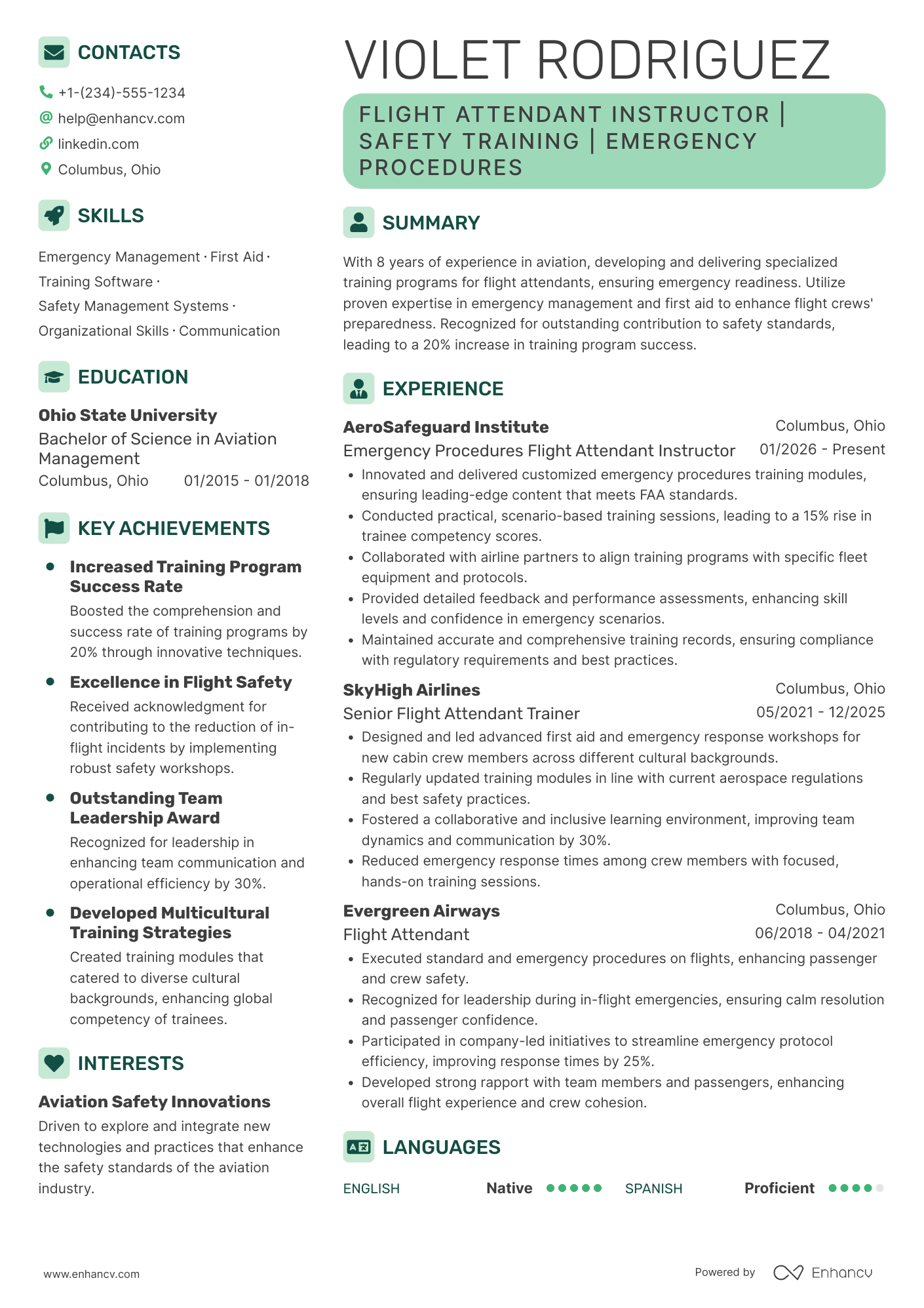 A resume example of a Emergency Procedures Flight Attendant Instructor