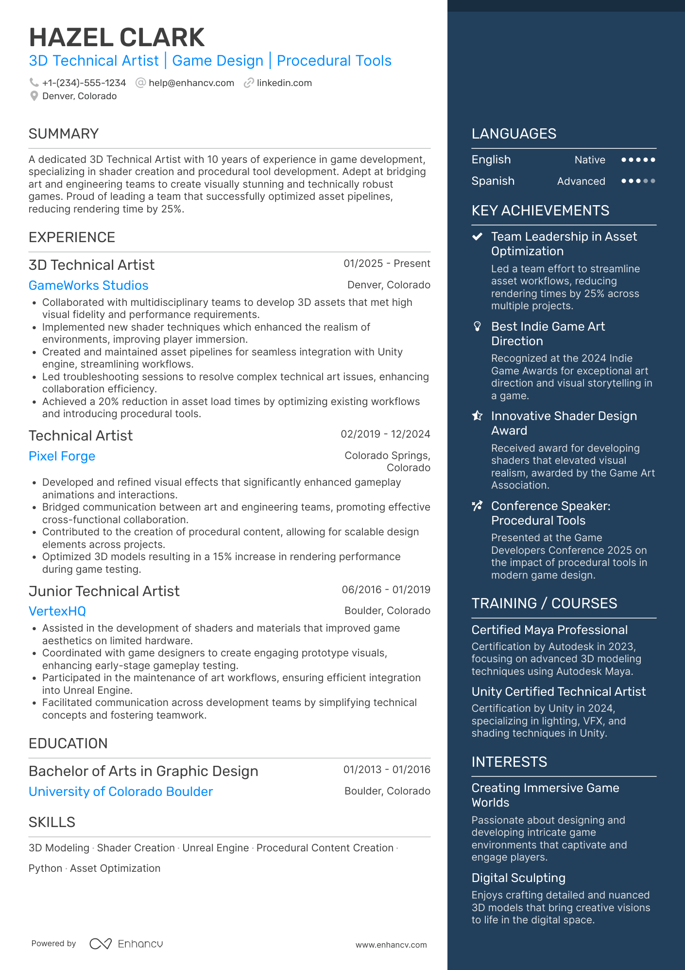 A resume example of a 3D Technical Artist