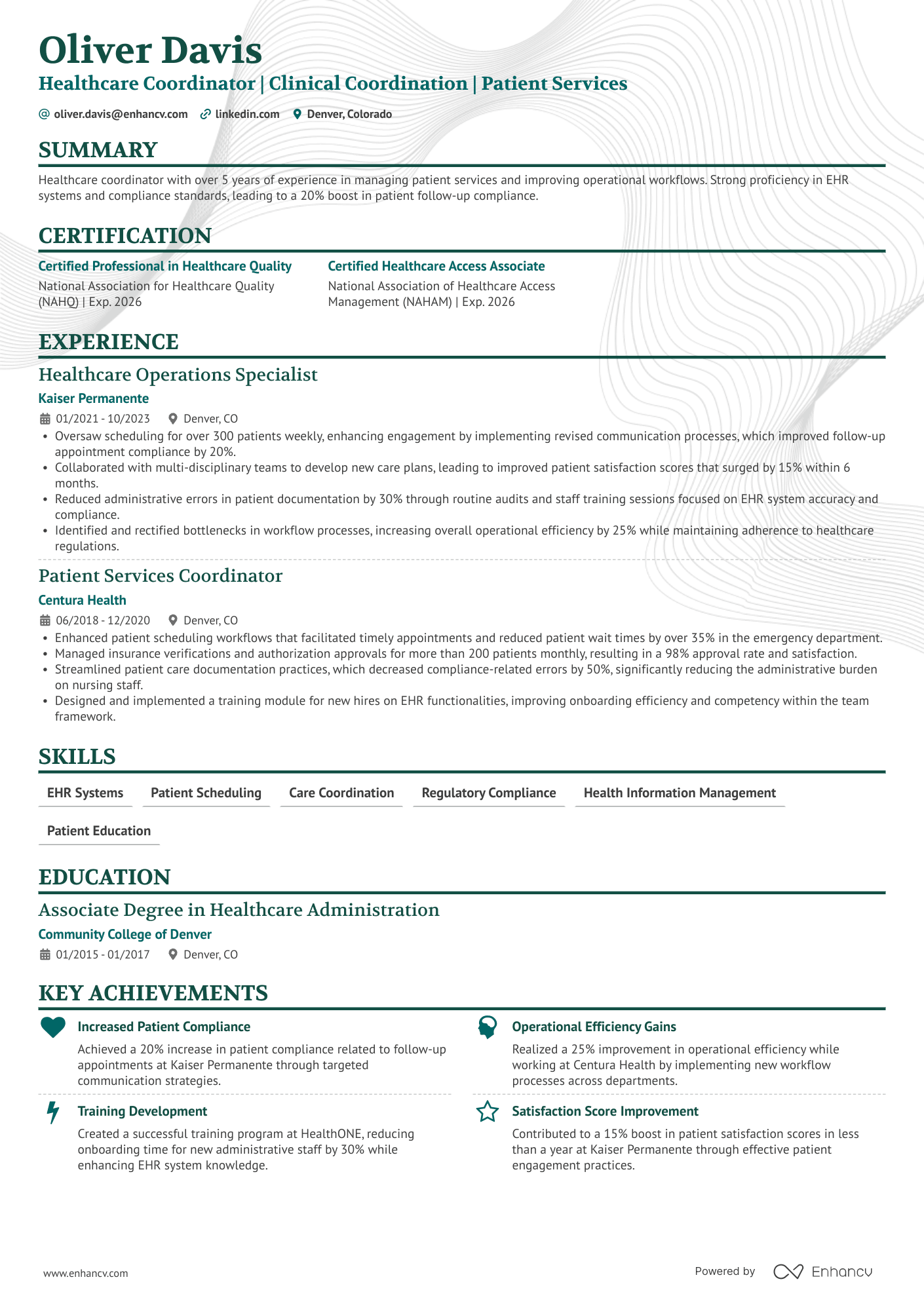 A resume example of a Mid Level Healthcare Coordinator