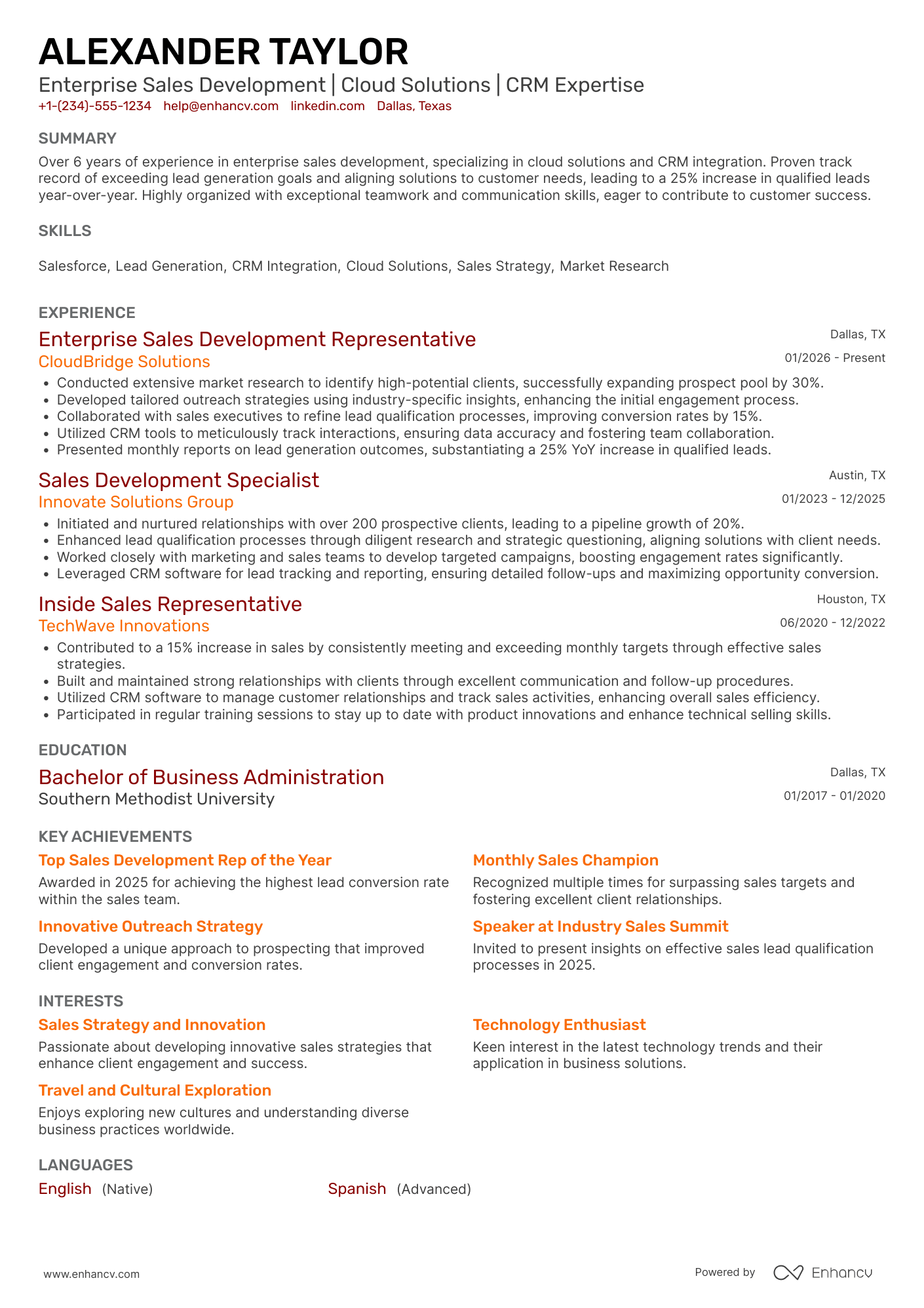 A resume example of a Enterprise Sales Development Representative