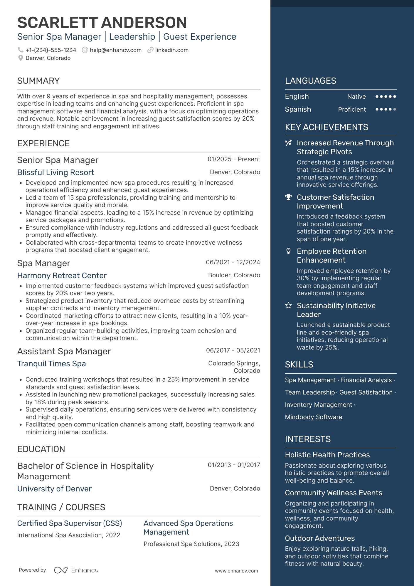 A resume example of a Senior Spa Manager