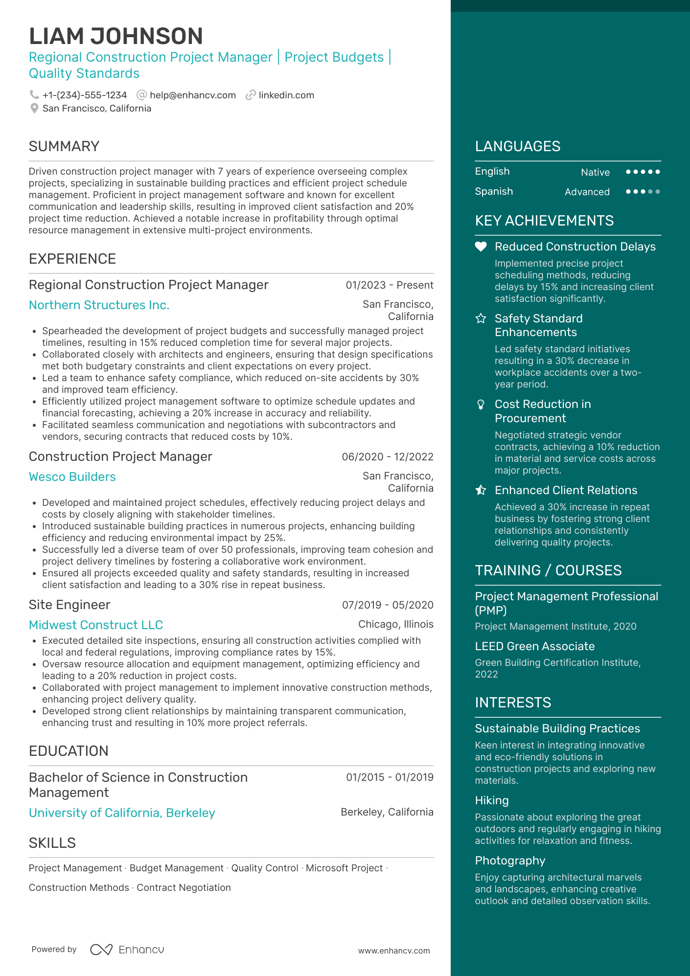 A resume example of a Regional Construction Project Manager