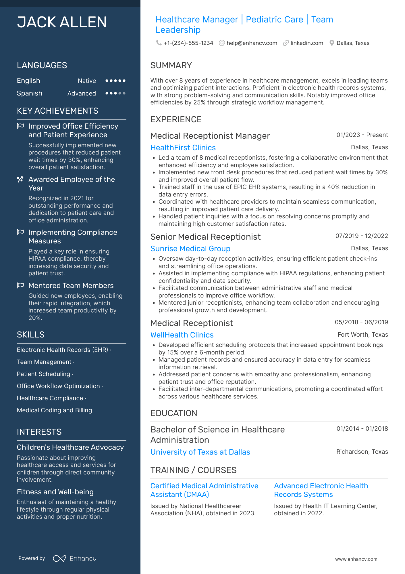 A resume example of a Medical Receptionist Manager