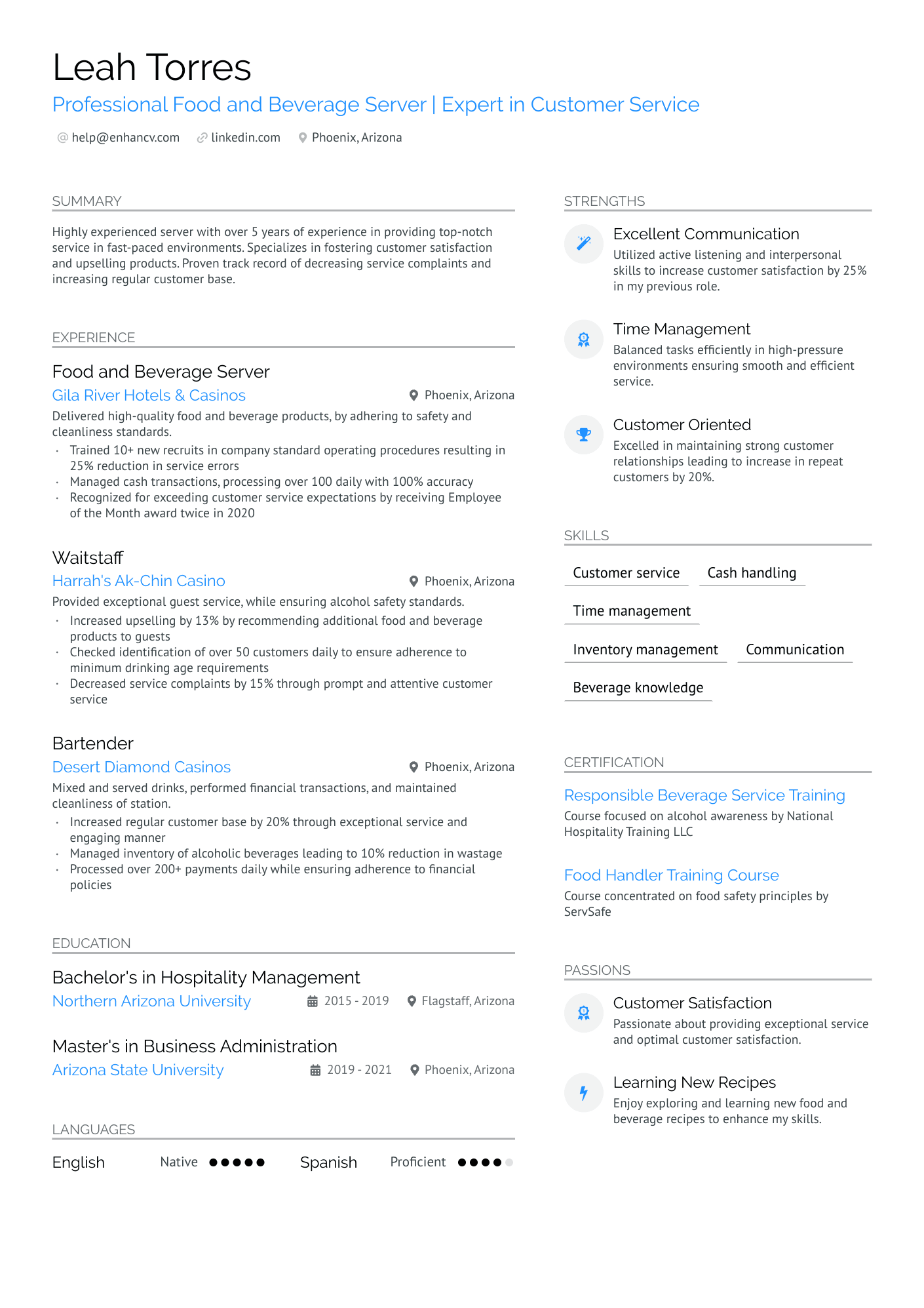 resume examples for a waitress