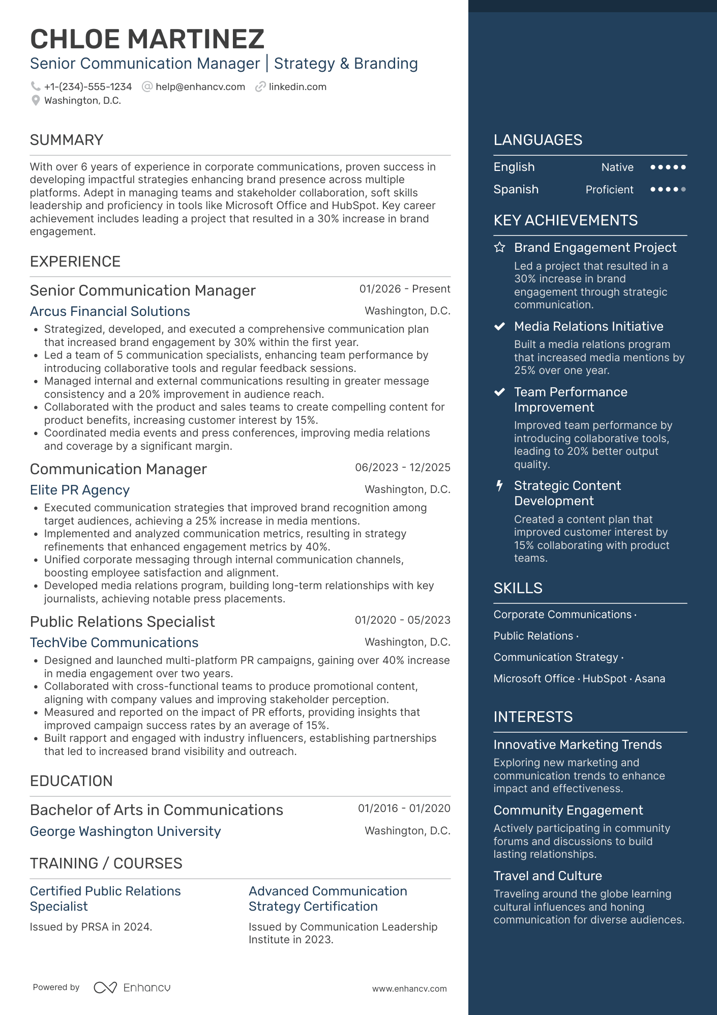 A resume example of a Senior Communication Manager
