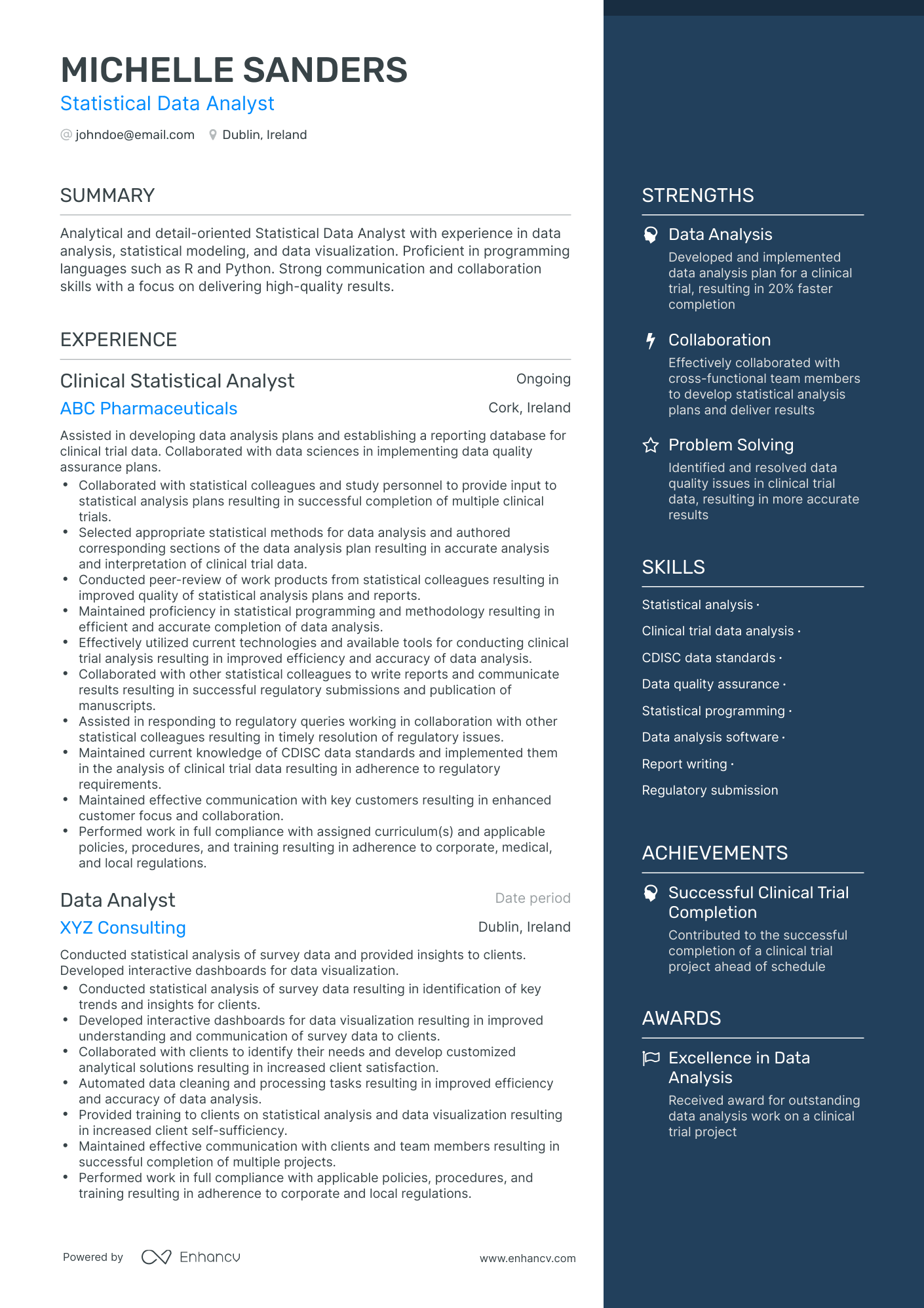 One Page Statistical Data Analyst Resume Template