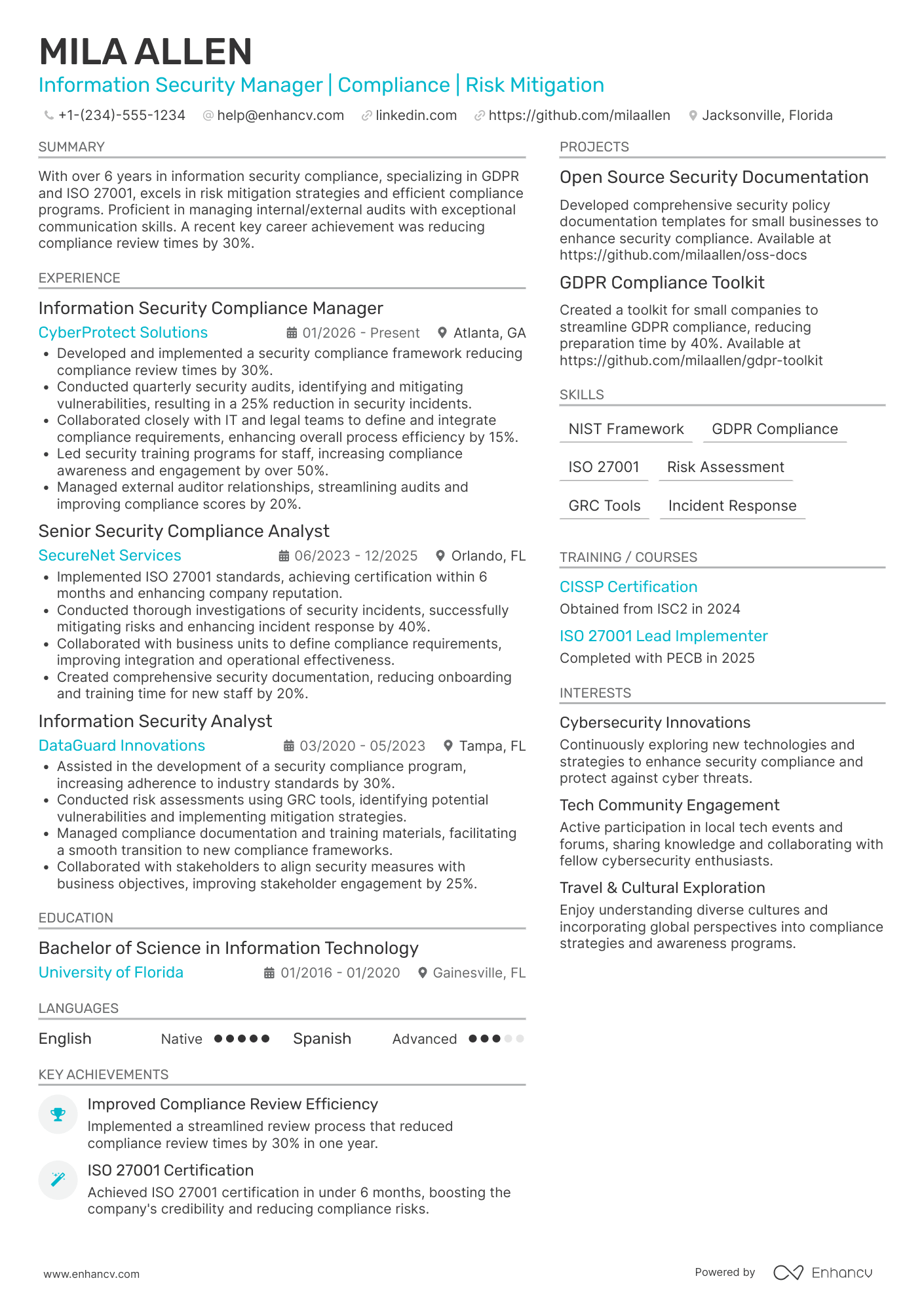A resume example of a Information Security Compliance Manager
