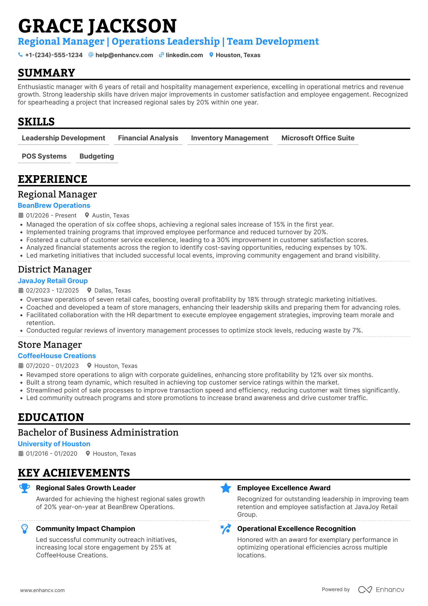 A resume example of a Starbucks Regional Manager