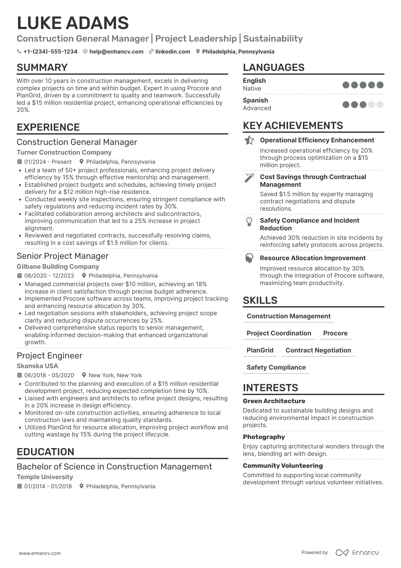 A resume example of a Construction General Manager