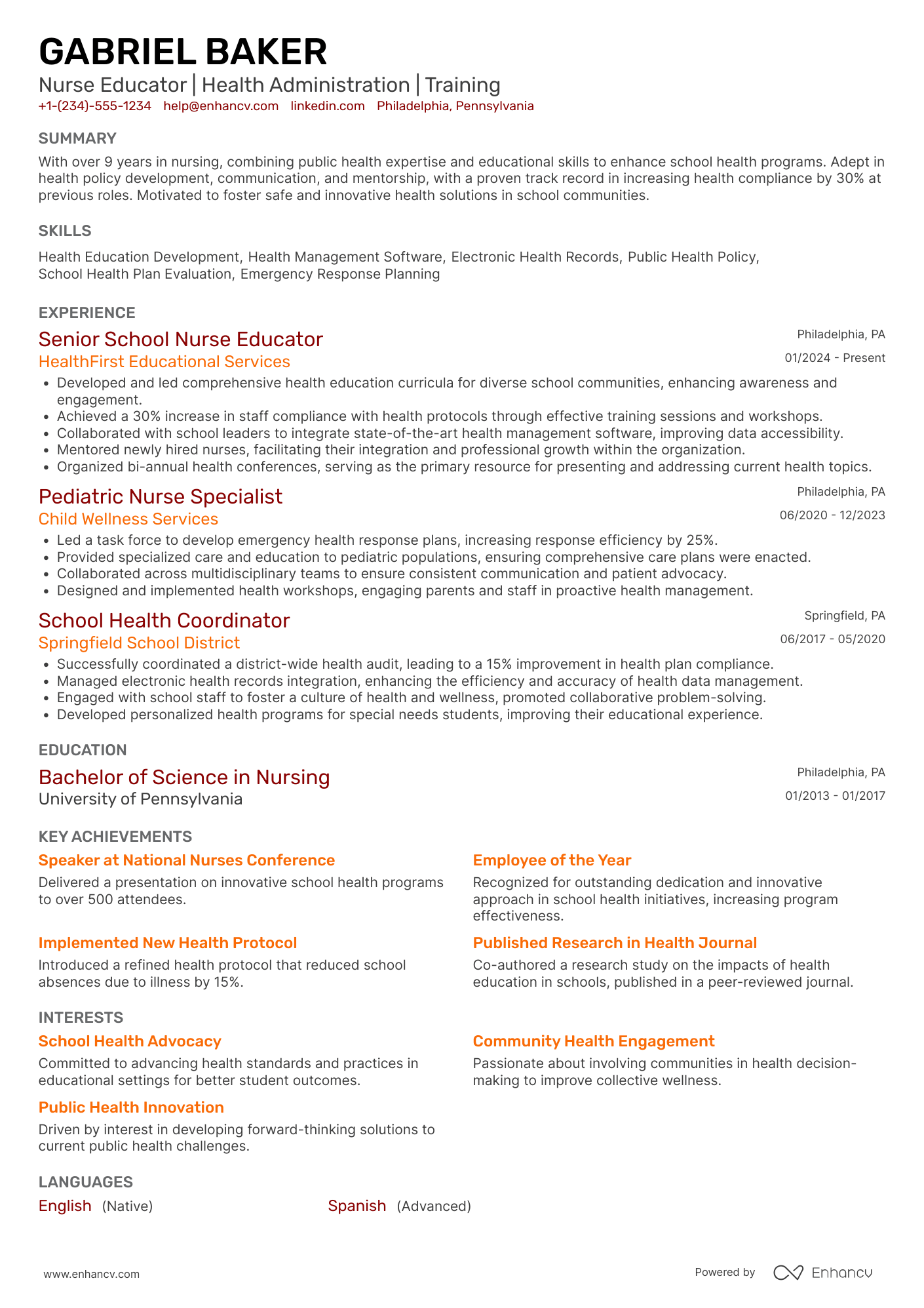 A resume example of a School Nurse Educator