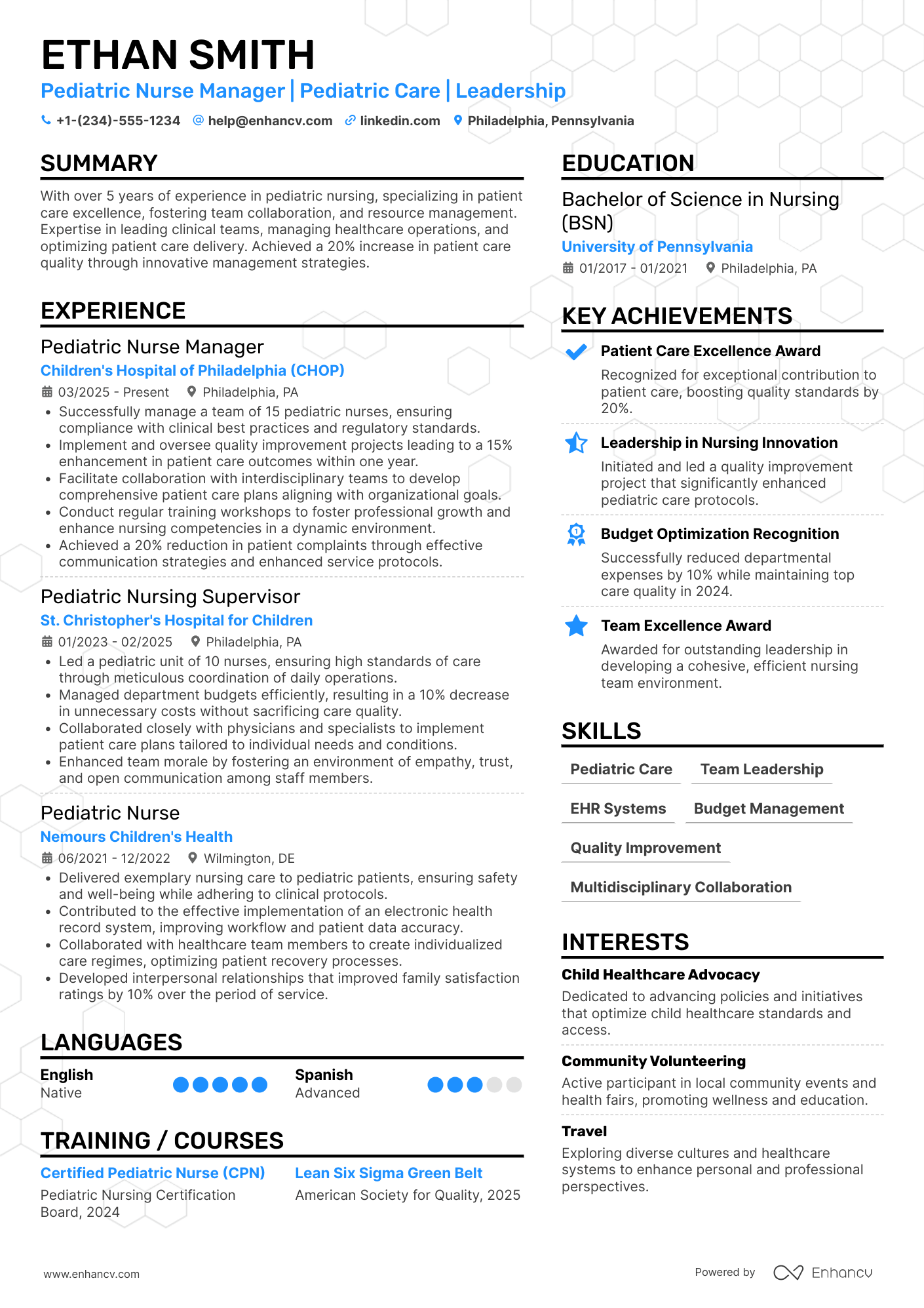A resume example of a Pediatric Nurse Manager