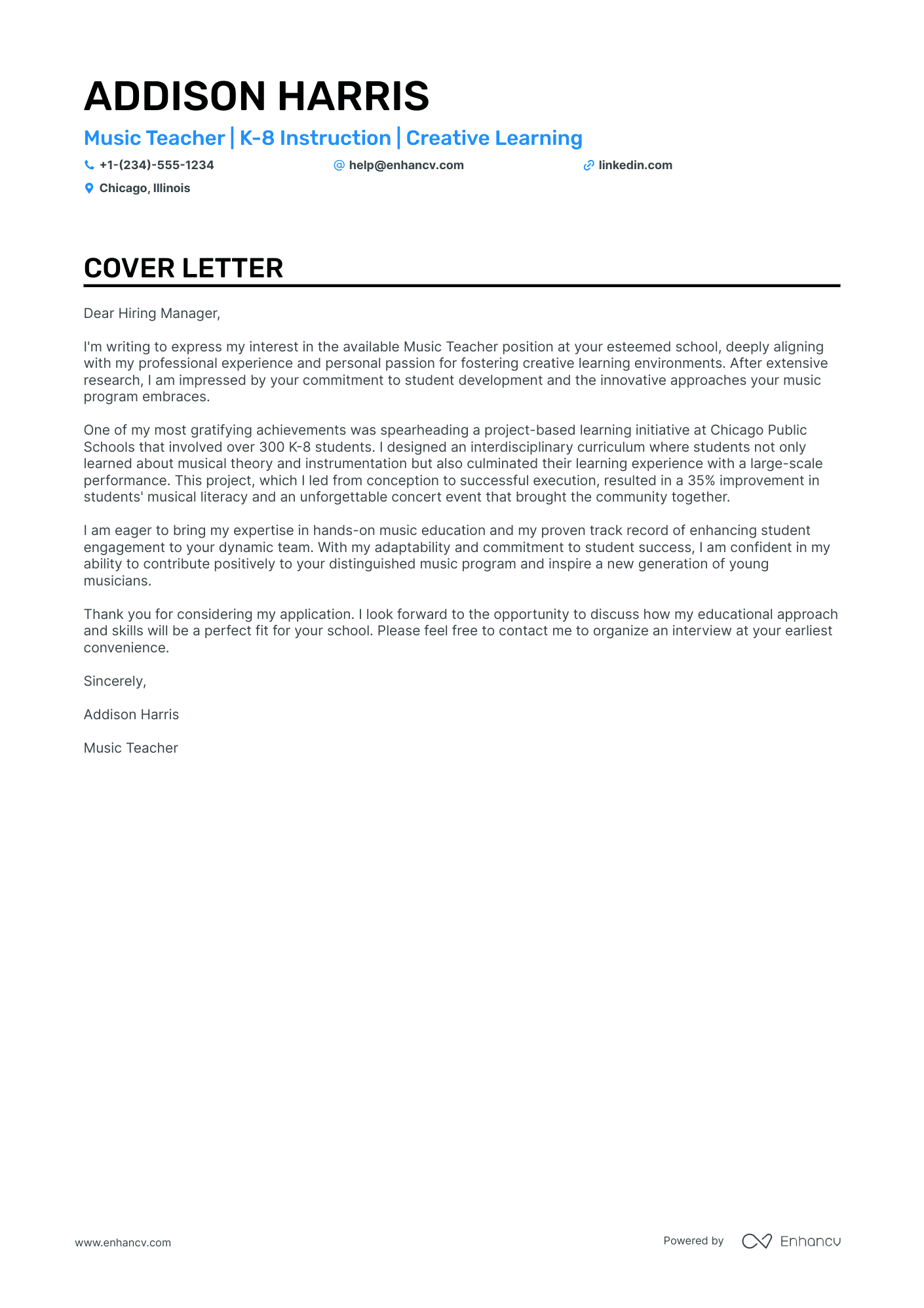 cover letter for elementary music teacher