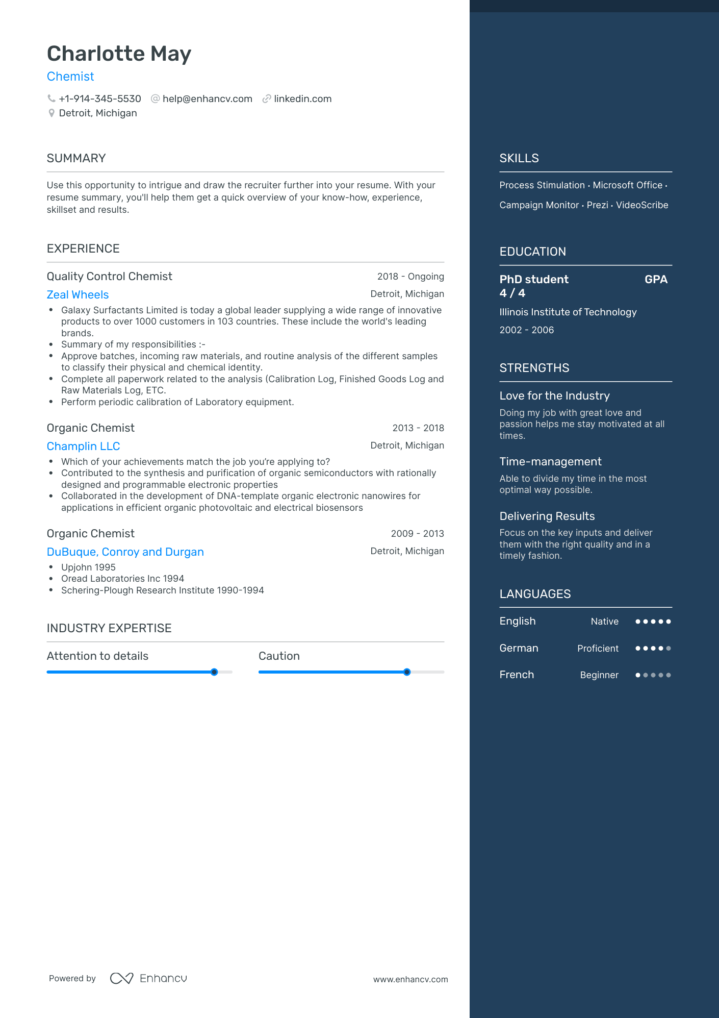 One Page Chemist Resume Template