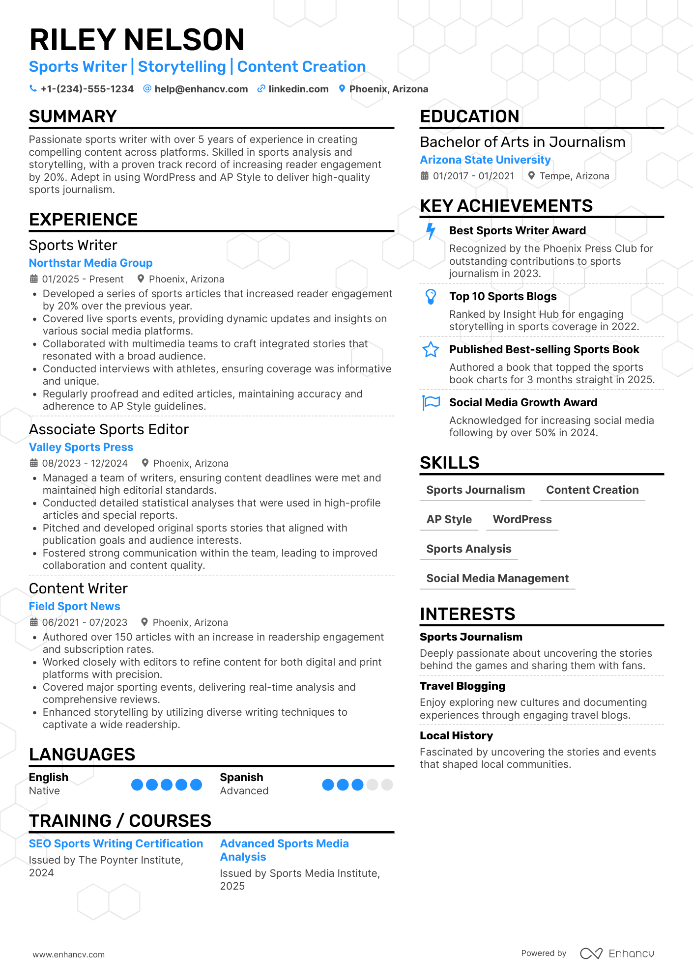 A resume example of a Sports Writer