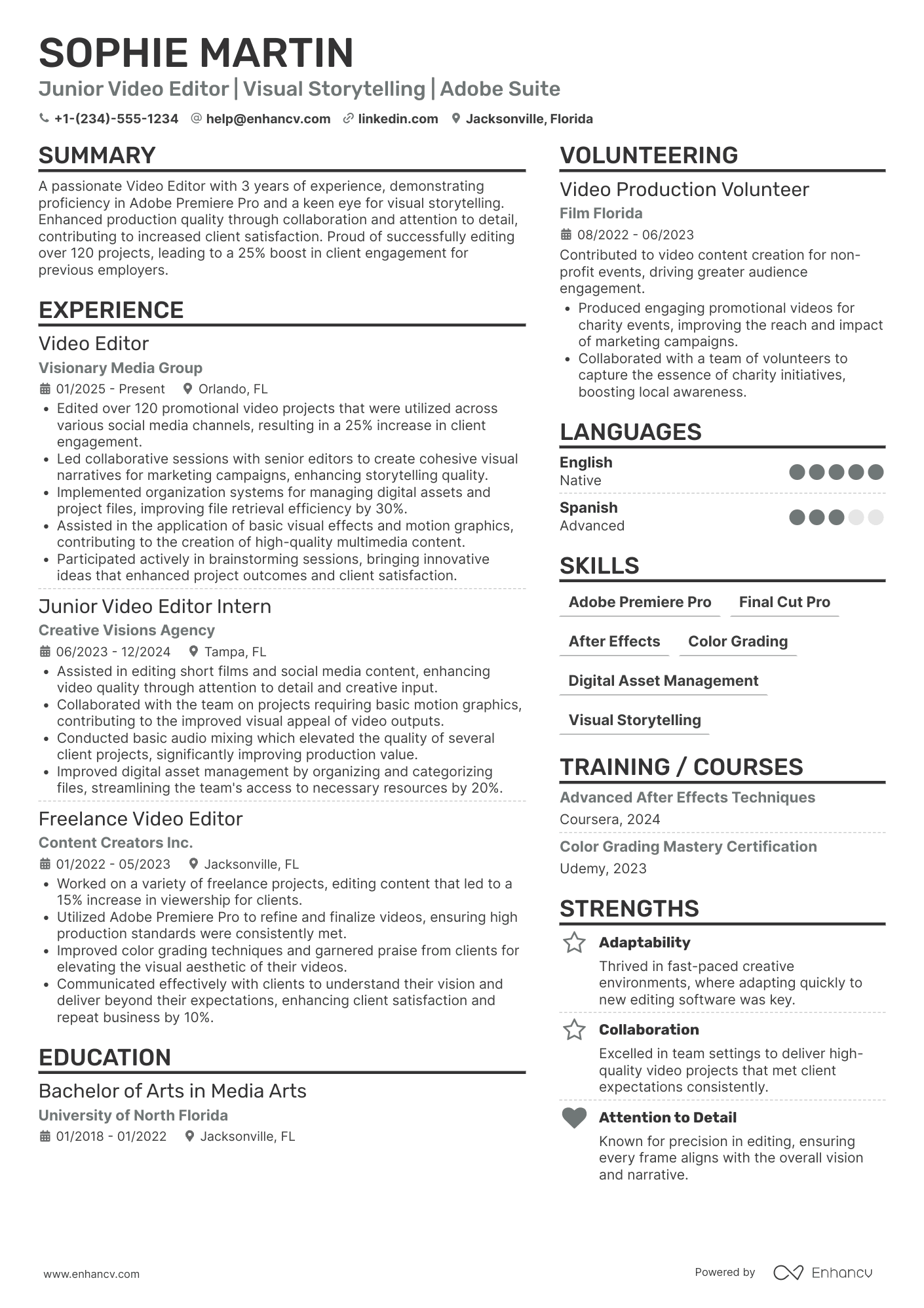 A resume example of a Junior Video Editor