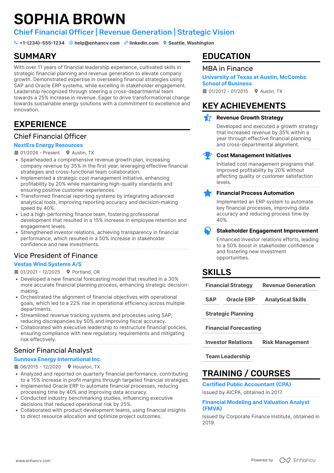 A resume example of a Chief Revenue and Financial Officer