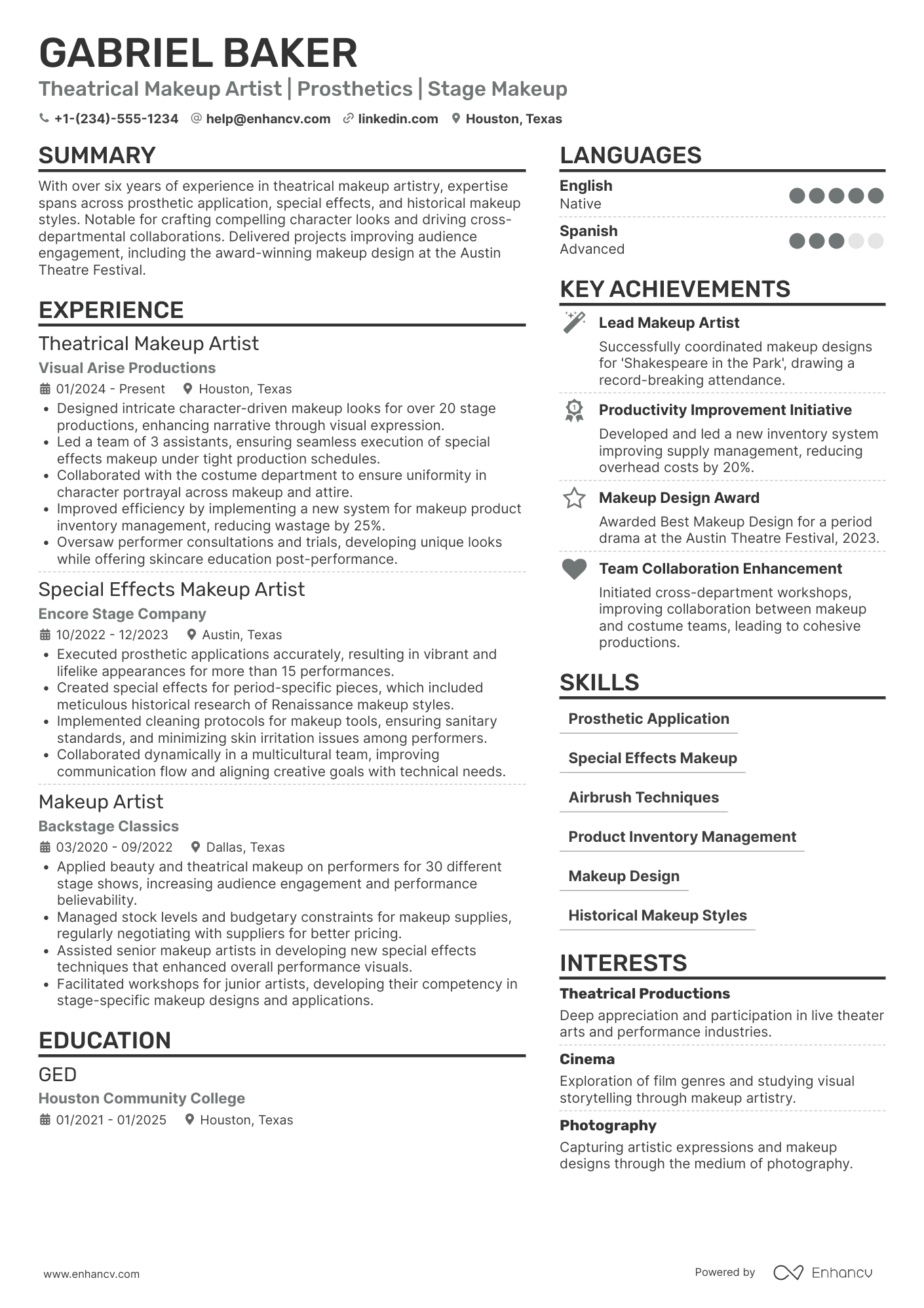 A resume example of a Theatrical Makeup Artist