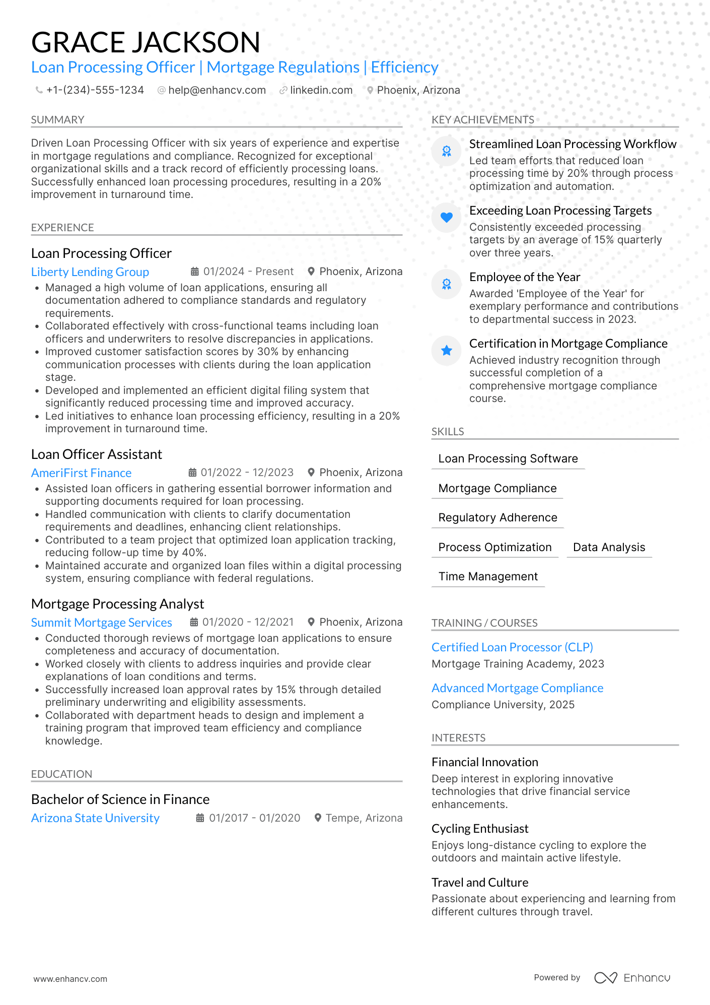 A resume example of a Loan Processing Officer
