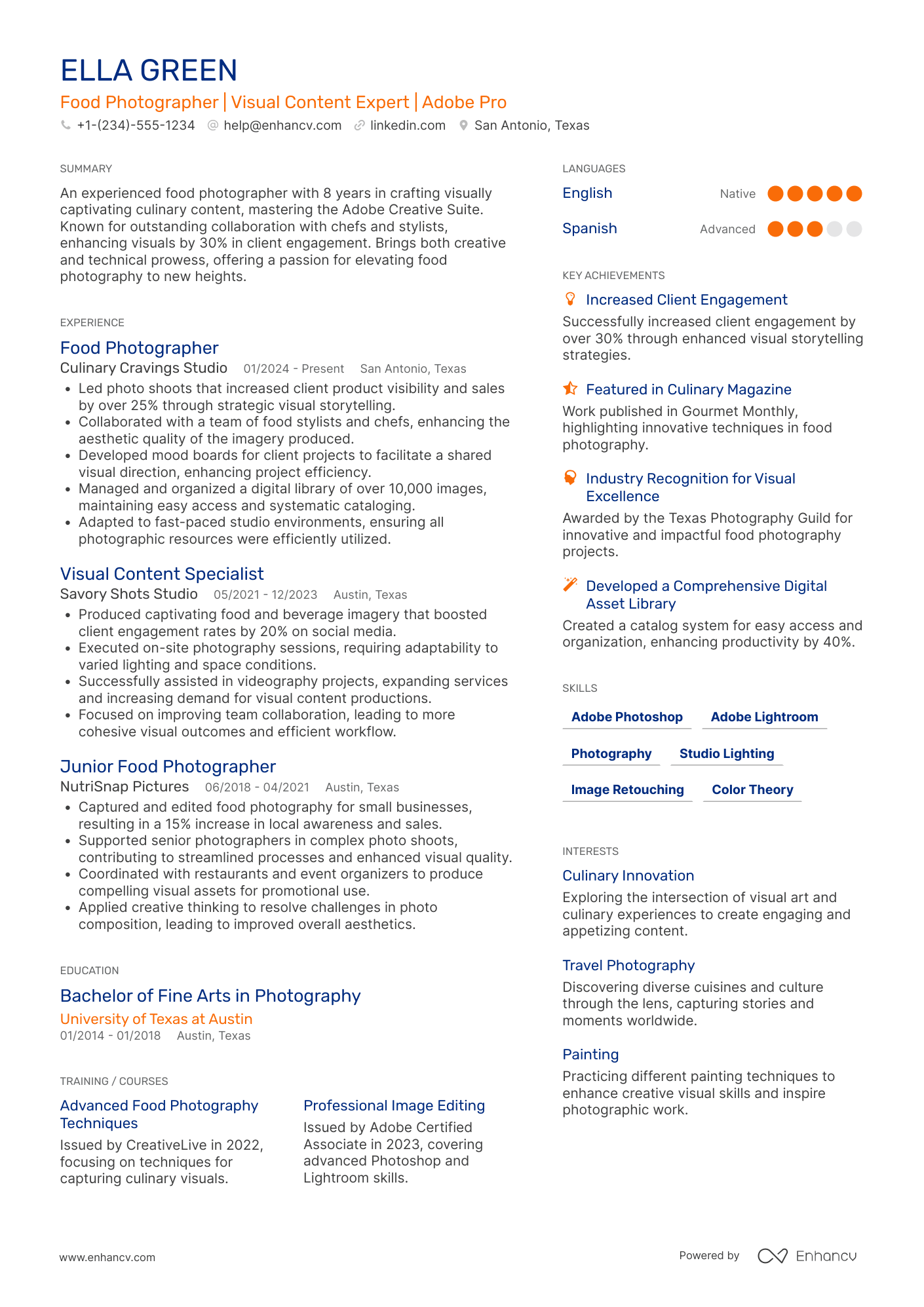 A resume example of a Food Photographer