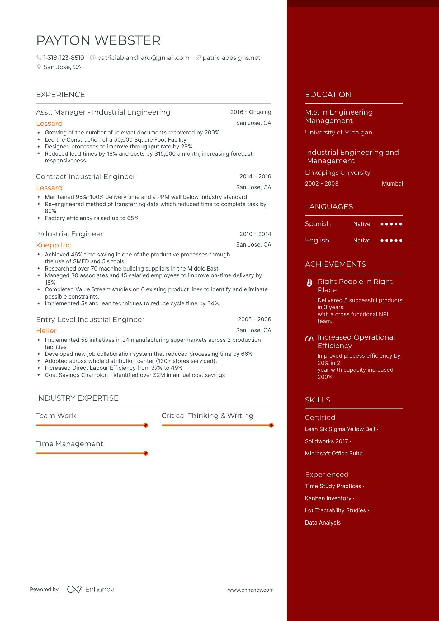 One Page Industrial Engineer Resume Template