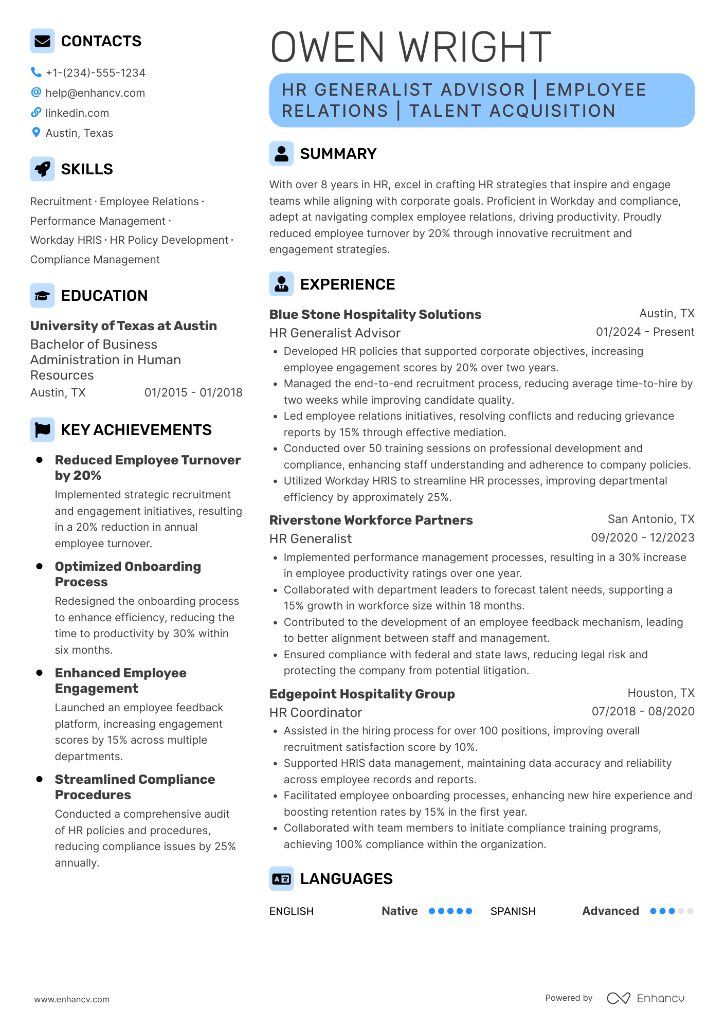 A resume example of a HR Generalist Advisor